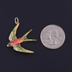 Antique Enamel Swallow Bird Pendant of 14k Gold