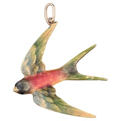 Pendentif en or 14k avec oiseau hirondelle en émail ancien