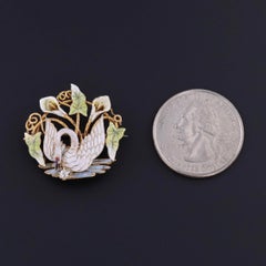 Antique Enamel Swan Brooch of 14k Gold