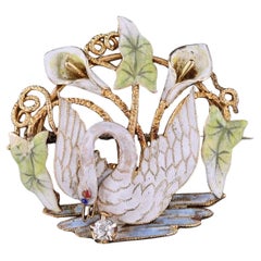 Antique Enamel Swan Brooch of 14k Gold