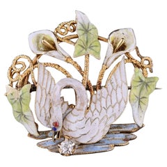 Antique Enamel Swan Brooch of 14k Gold