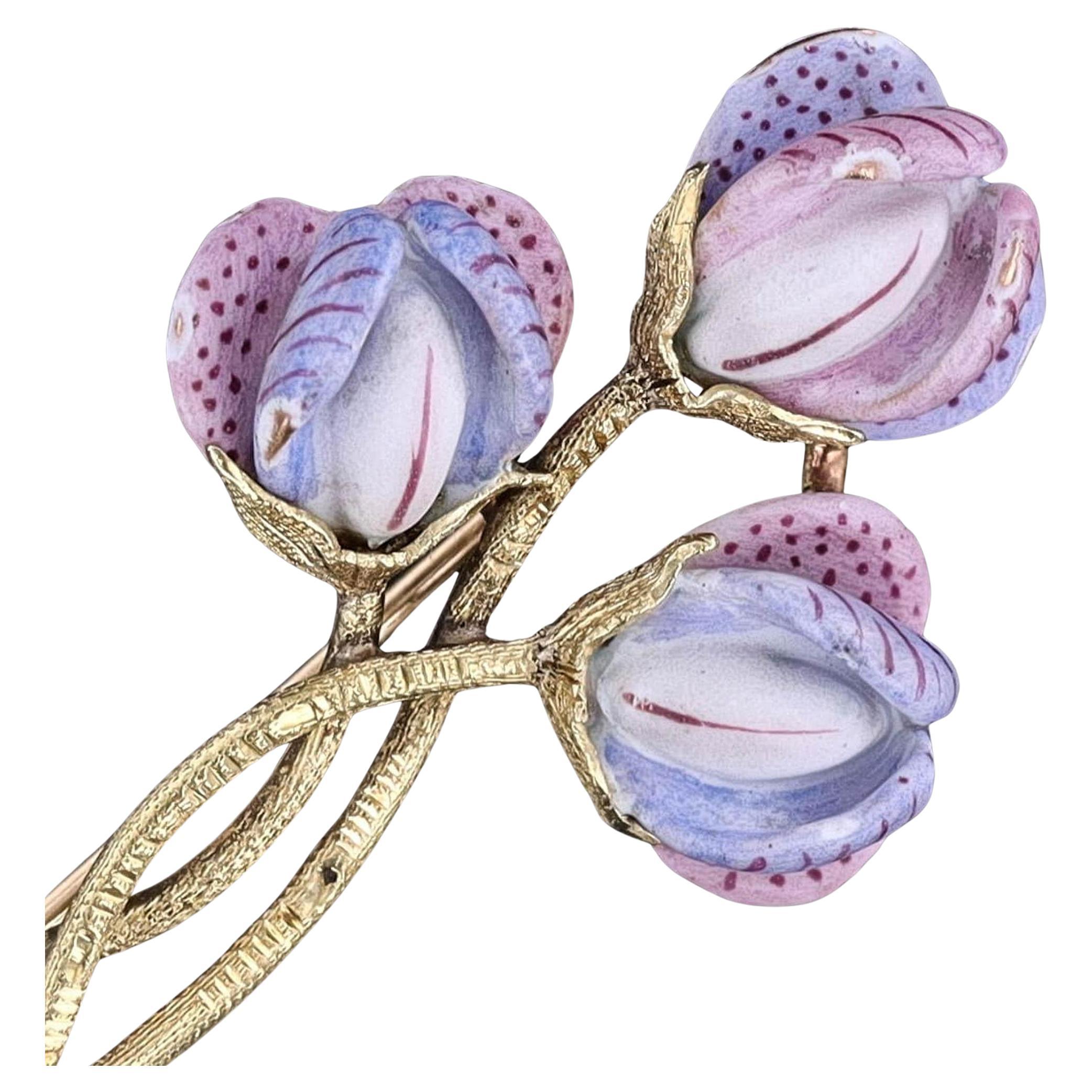 Antike Emaille Sweet Pea Brosche aus 14k Gold