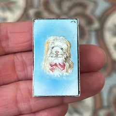 Antique Gilt Metal Enamel Vesta Case Maltese Dog with Red Bow, circa 1900