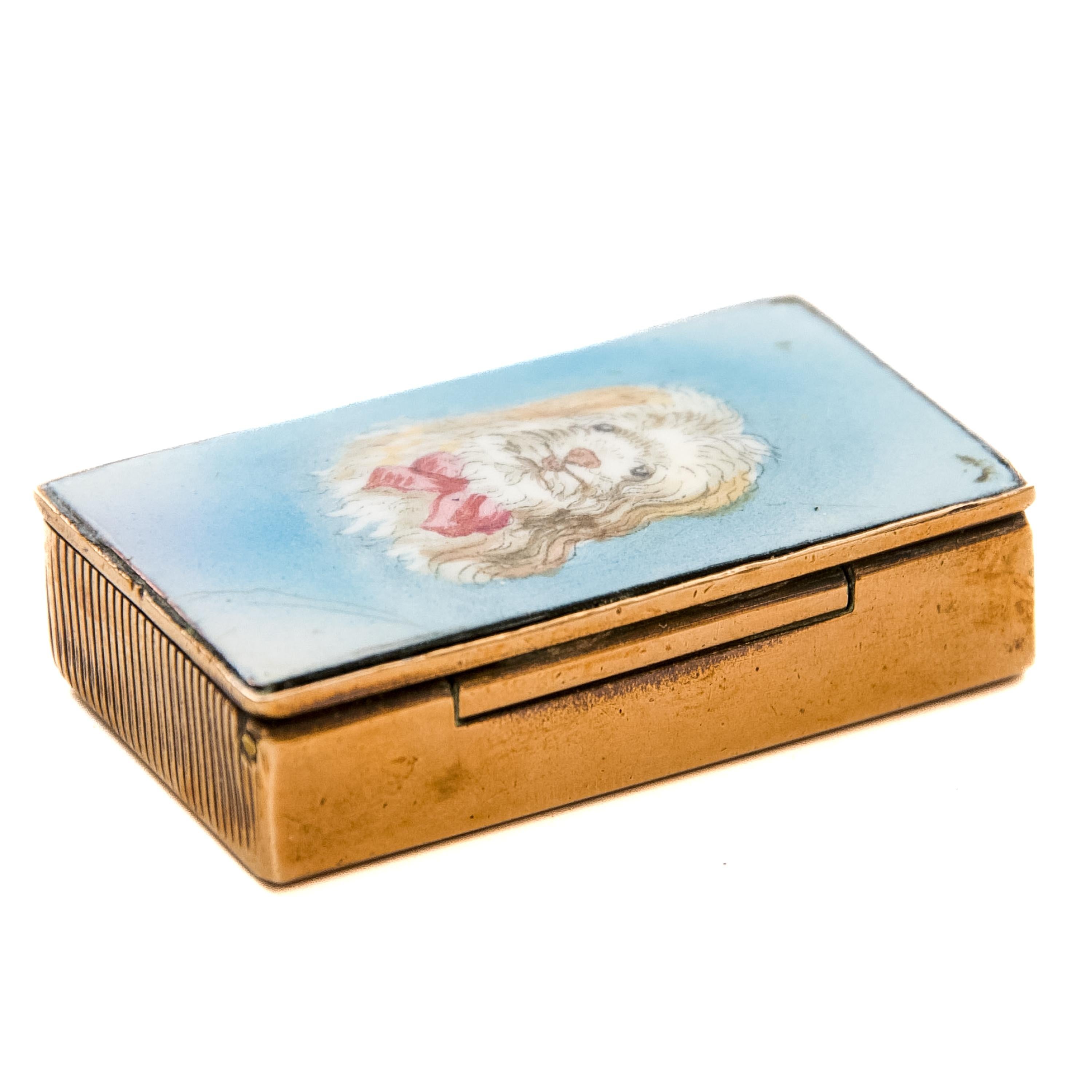 Antikes Emaille-Vesta-Gehäuse, das einen Hund mit roter Schleife darstellt, um 1900 im Angebot 4