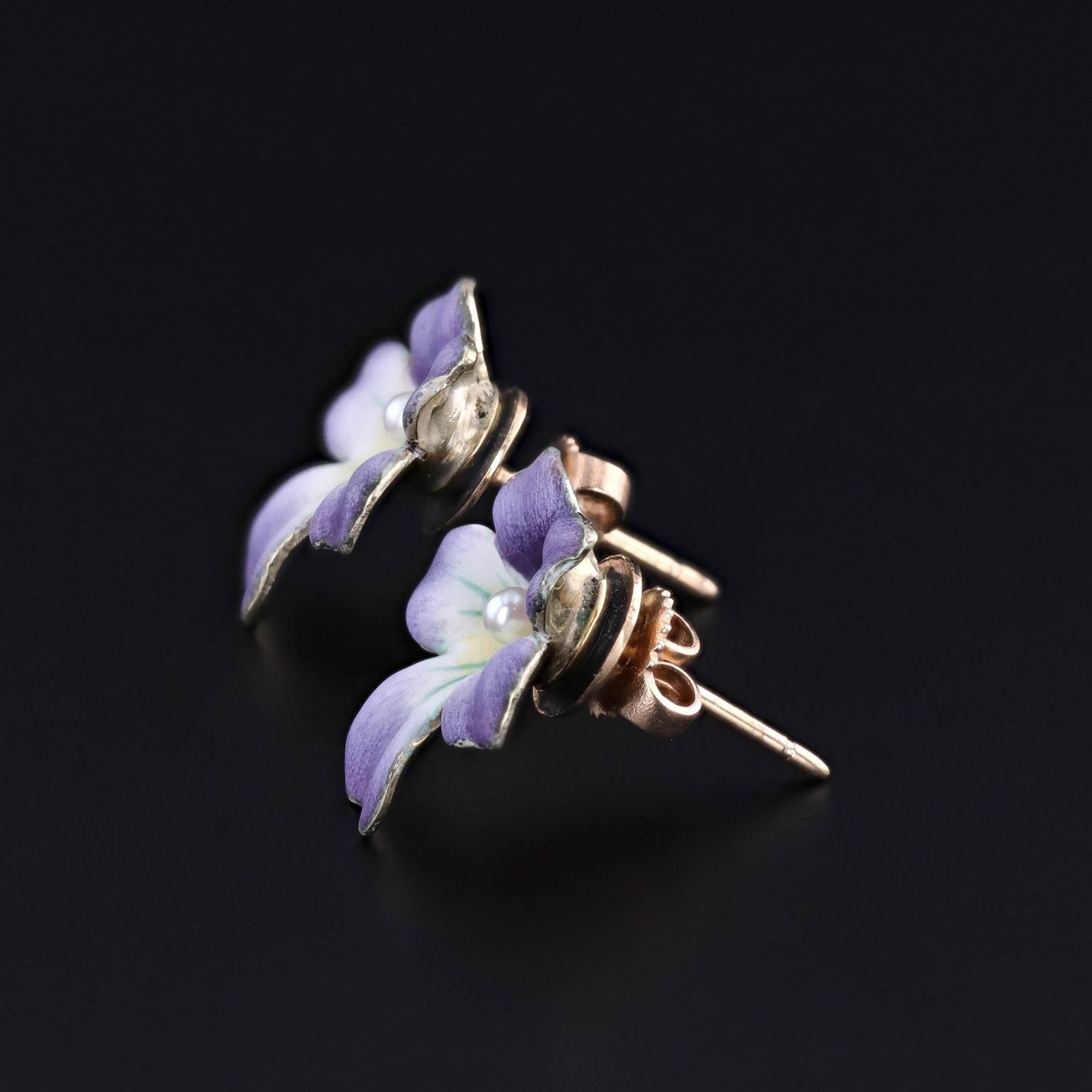 Art Nouveau Antique Enamel Violet Earrings of 14k Gold For Sale