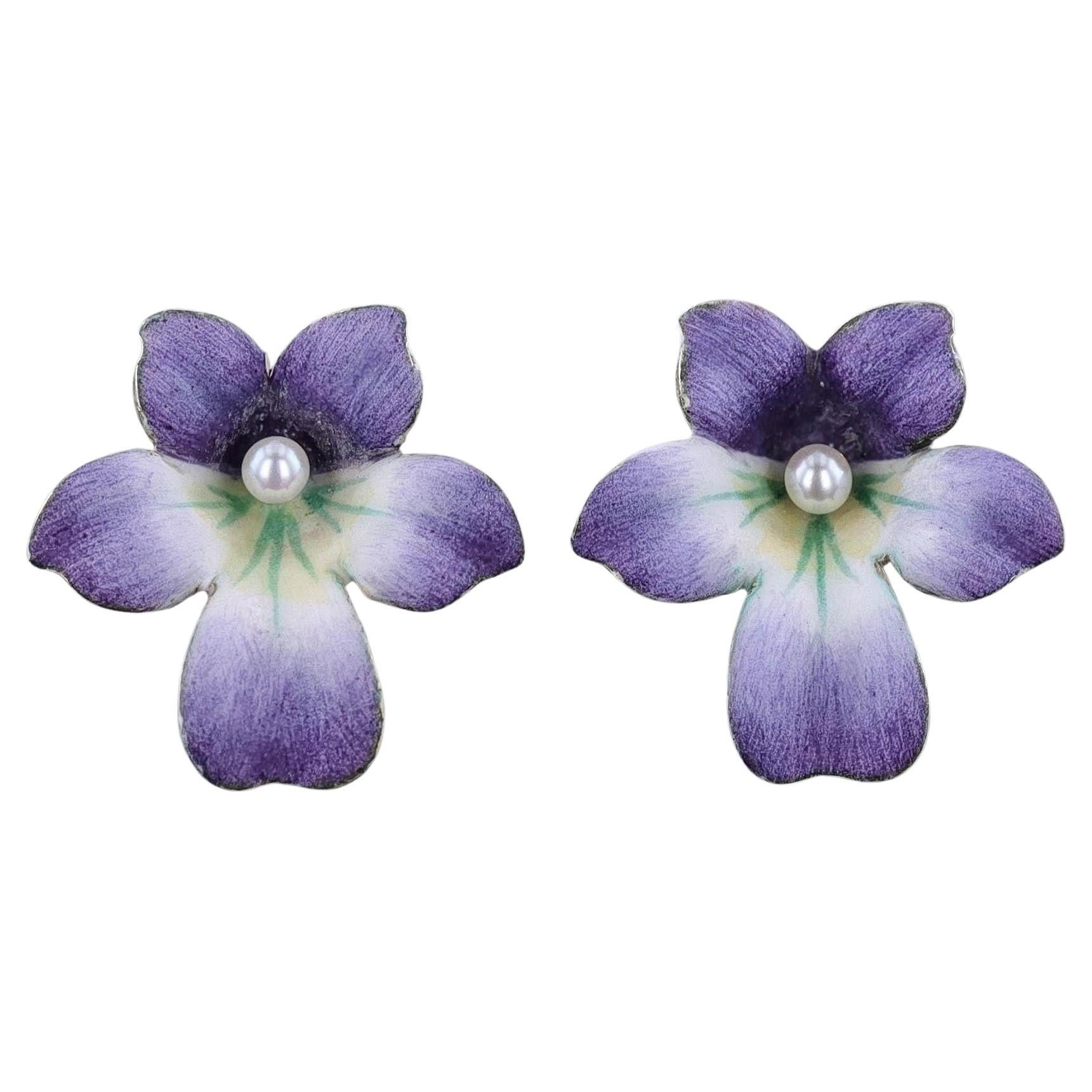 Antique Enamel Violet Earrings of 14k Gold