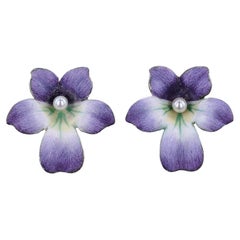 Antique Enamel Violet Earrings of 14k Gold