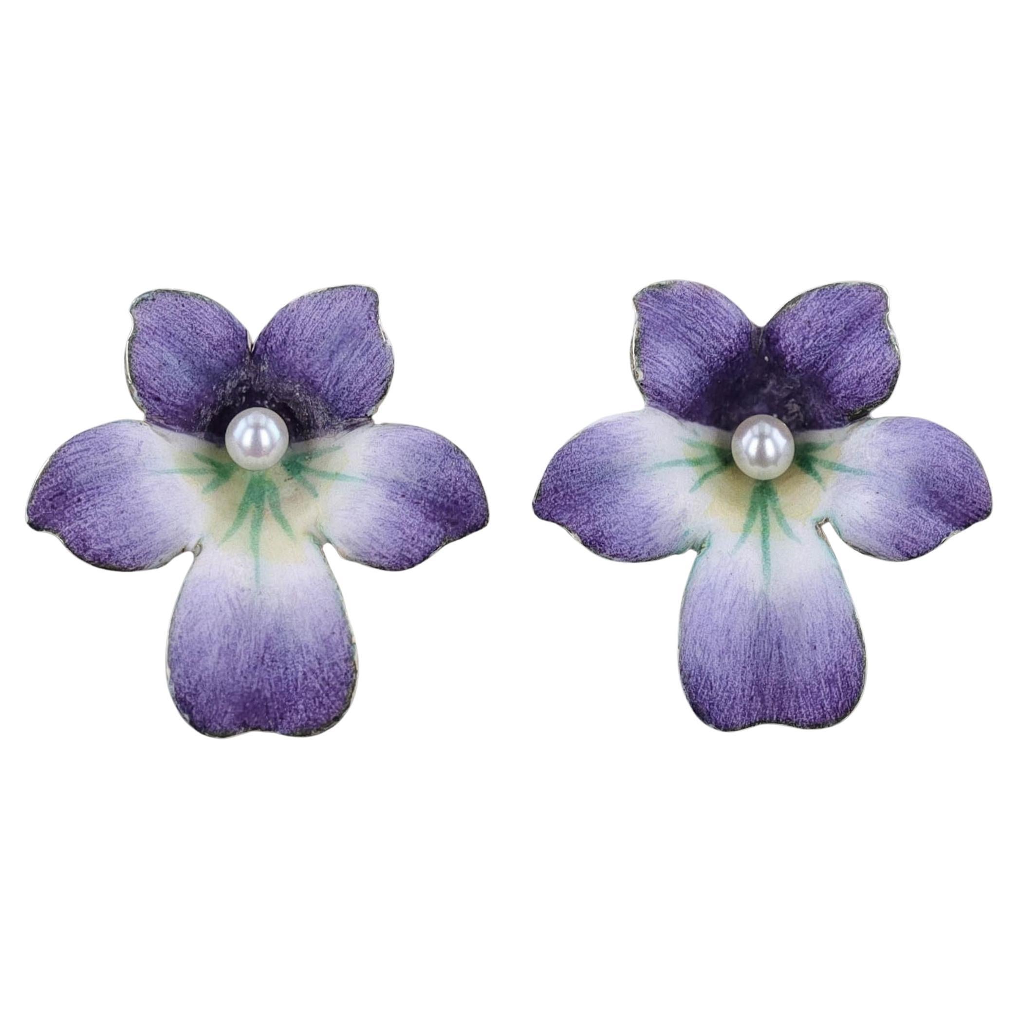Boucles d'oreilles anciennes en or 14 carats et émail violet