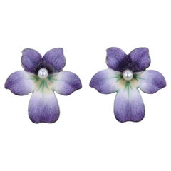 Antique Enamel Violet Earrings of 14k Gold