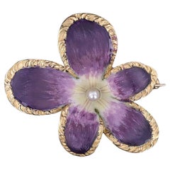 Antique Enamel Violet Pendant Brooch of 14k Gold