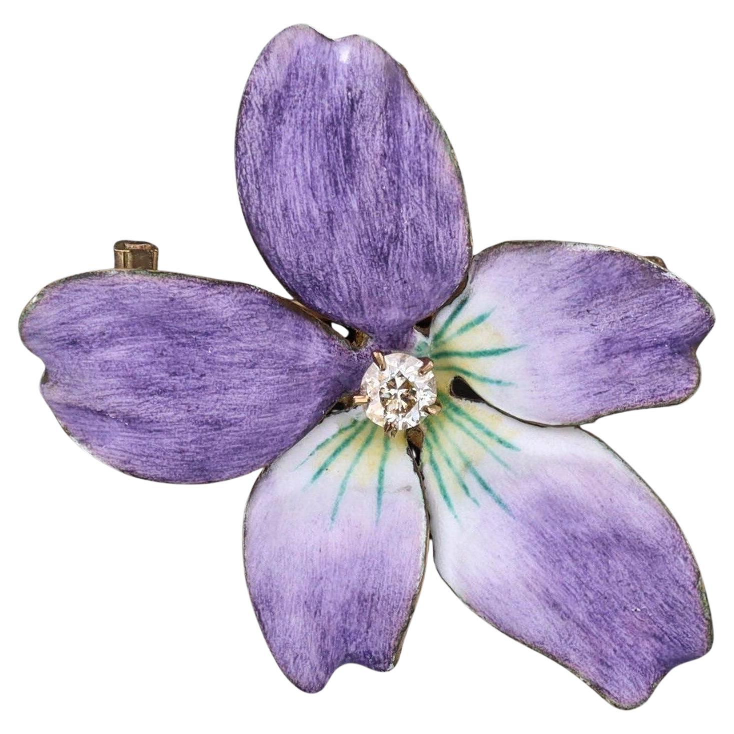 Antique Enamel Violet Pendant Brooch of 14k Gold