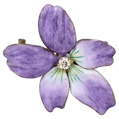 Antike Emaille-Brosche mit violettem Anhänger aus 14k Gold