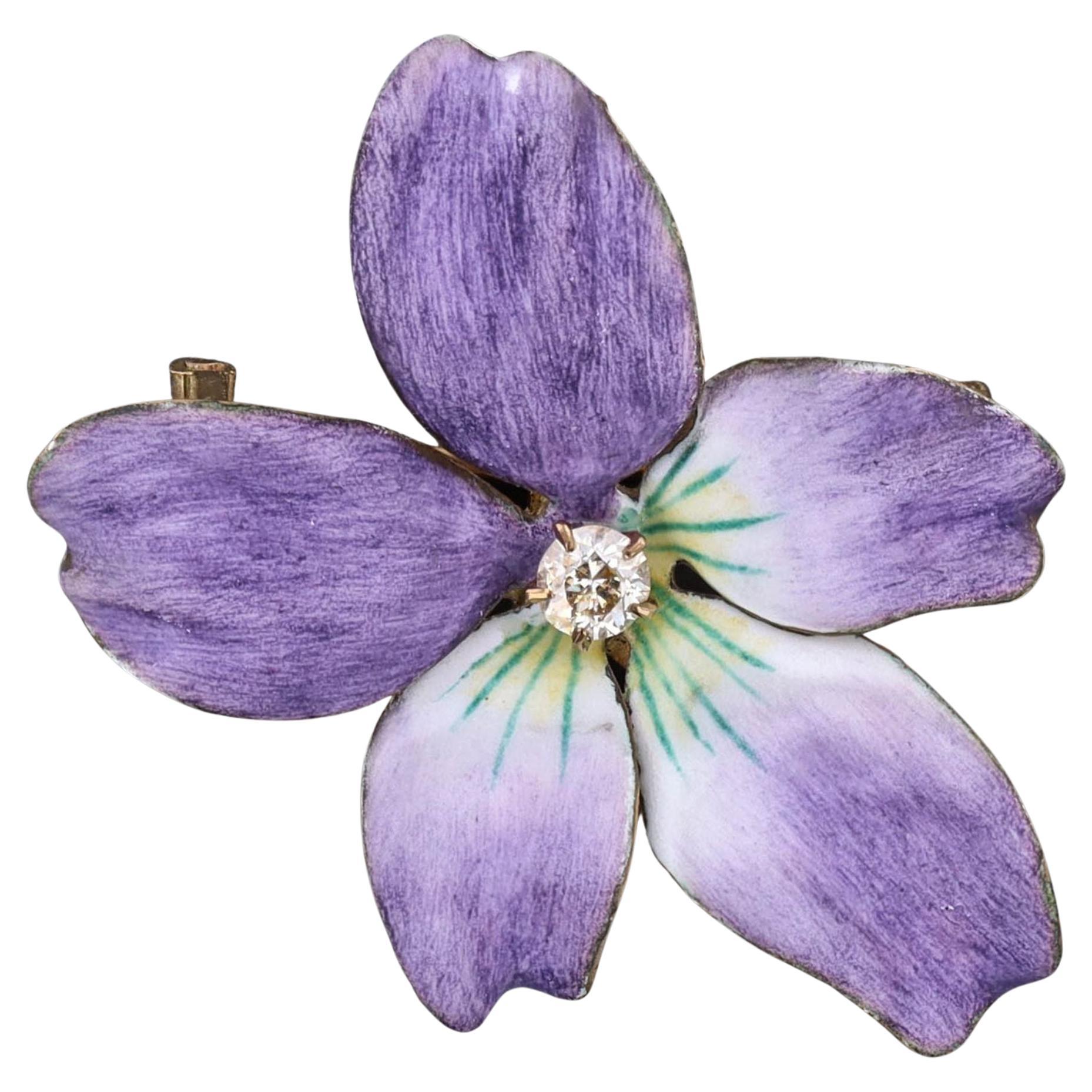 Antica spilla con ciondolo a forma di viola smaltata in oro 14k