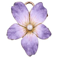 Antiguo Colgante o Broche Violeta Esmaltado de Oro de 14k