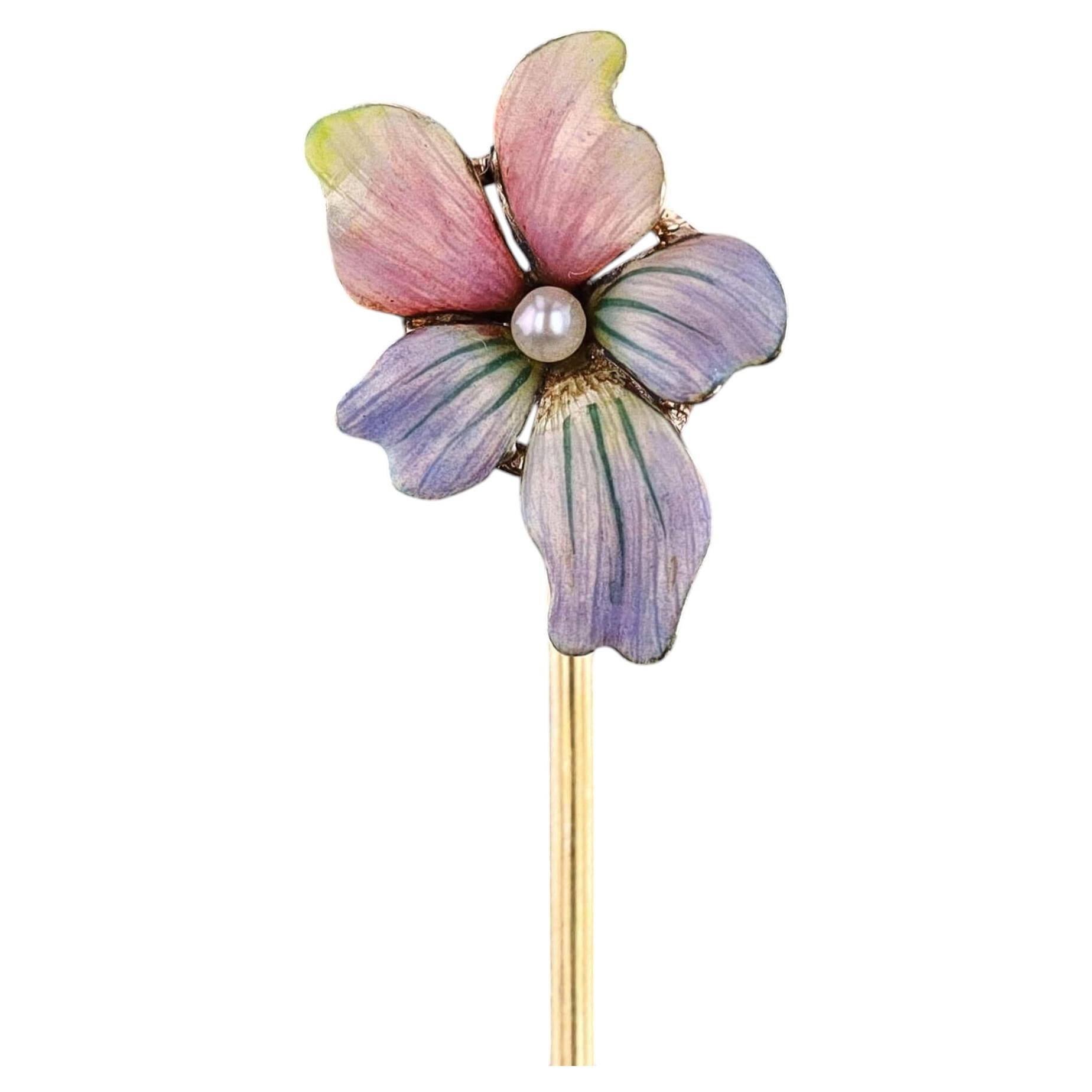Antique Enamel Violet Stickpin of 14k Gold, Circa 1890