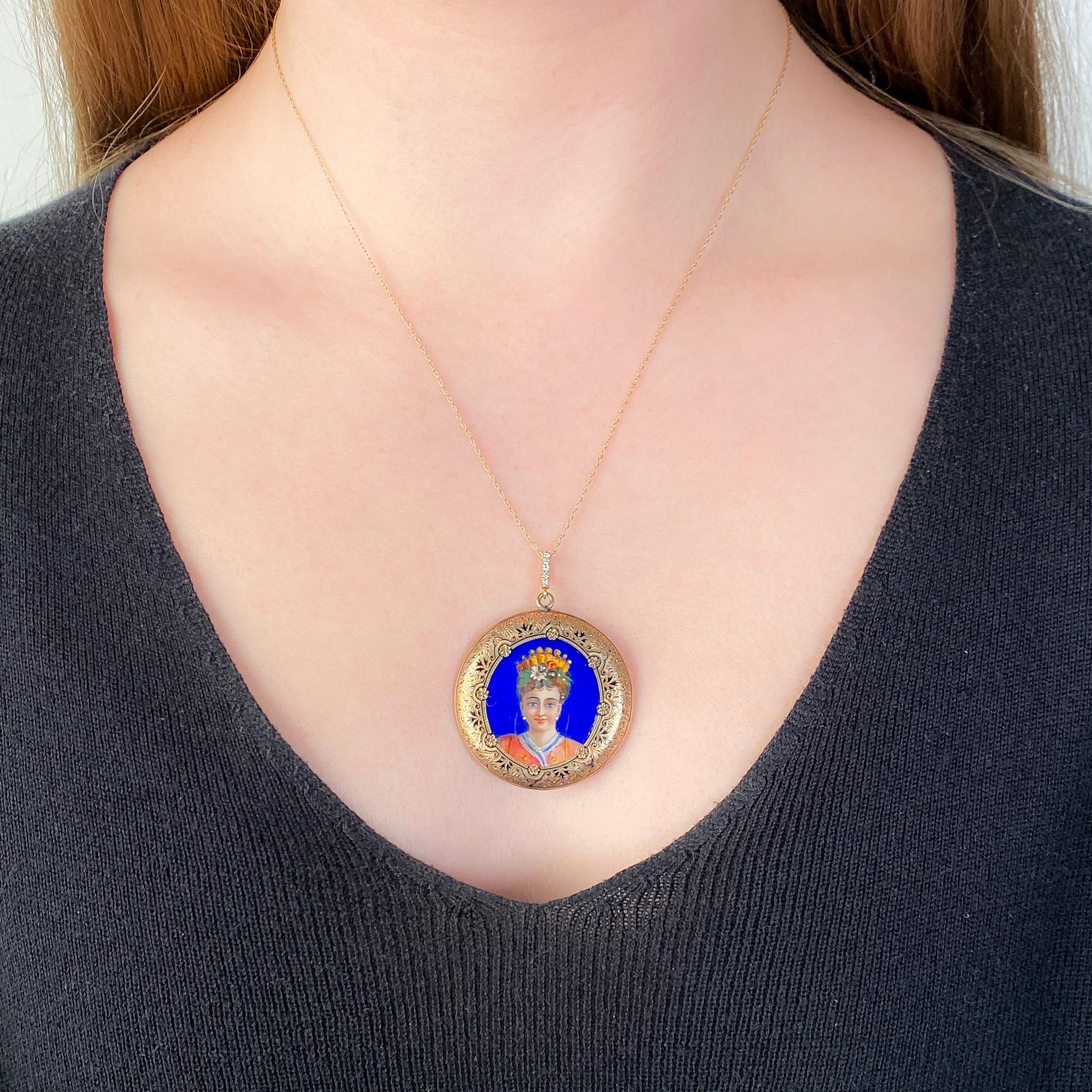 Taglio a rosa Ciondolo antico da donna in smalto in oro 14k in vendita