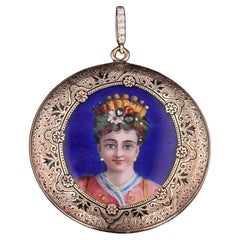 Antique Enamel Woman Pendant of 14k Gold