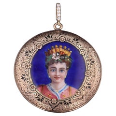 Antique Enamel Woman Pendant of 14k Gold