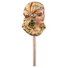 Antique Enamel Woman Stickpin of 14k Gold