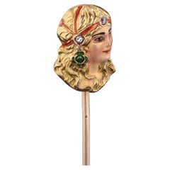 Antique Enamel Woman Stickpin of 14k Gold