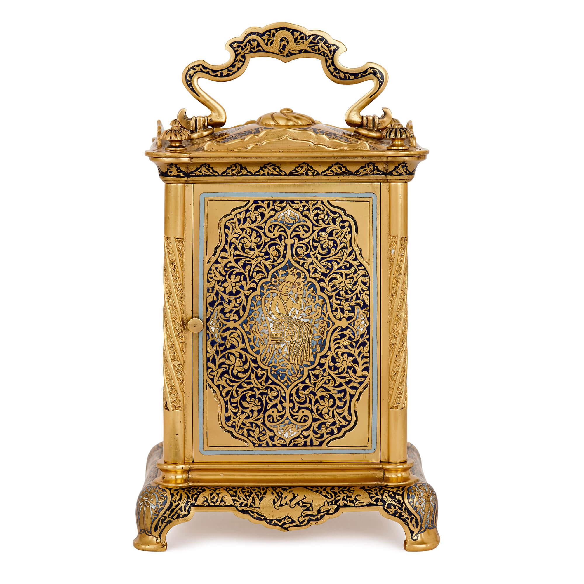 Belle Époque Antique Enameled Gilt Bronze Carriage Clock For Sale