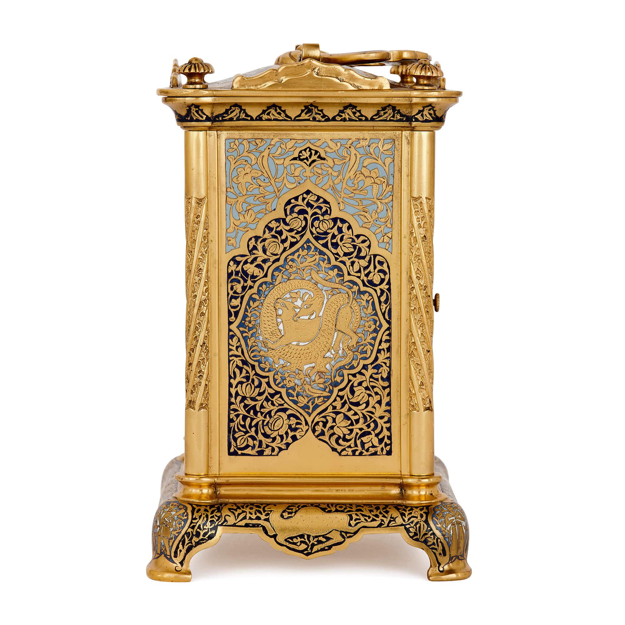 Belle Époque Antique Enameled Gilt Bronze Carriage Clock For Sale
