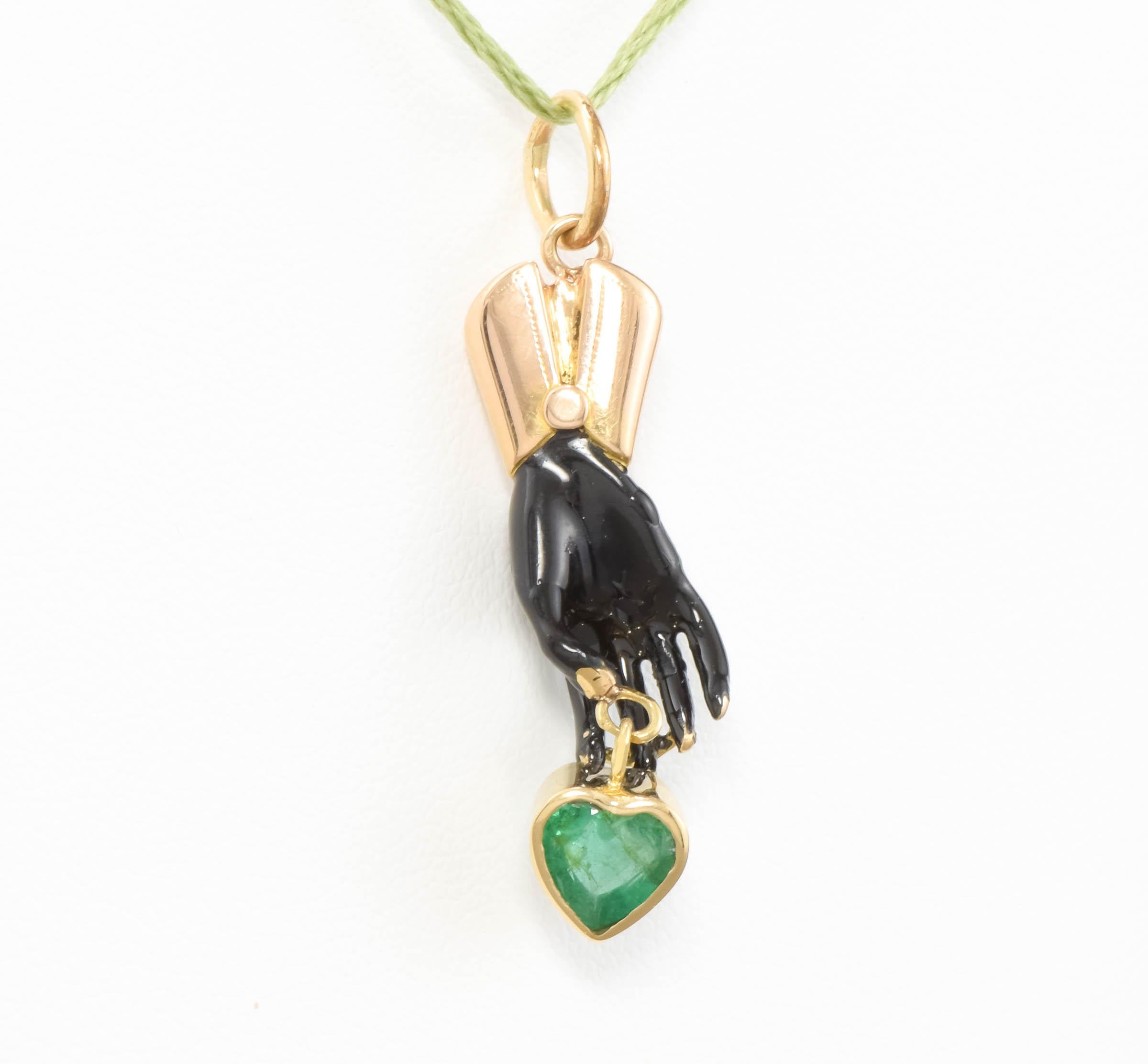 Victorian Antique Enameled Gold Hand with Heart Shaped Natural Emerald Dangle - Pendant  For Sale