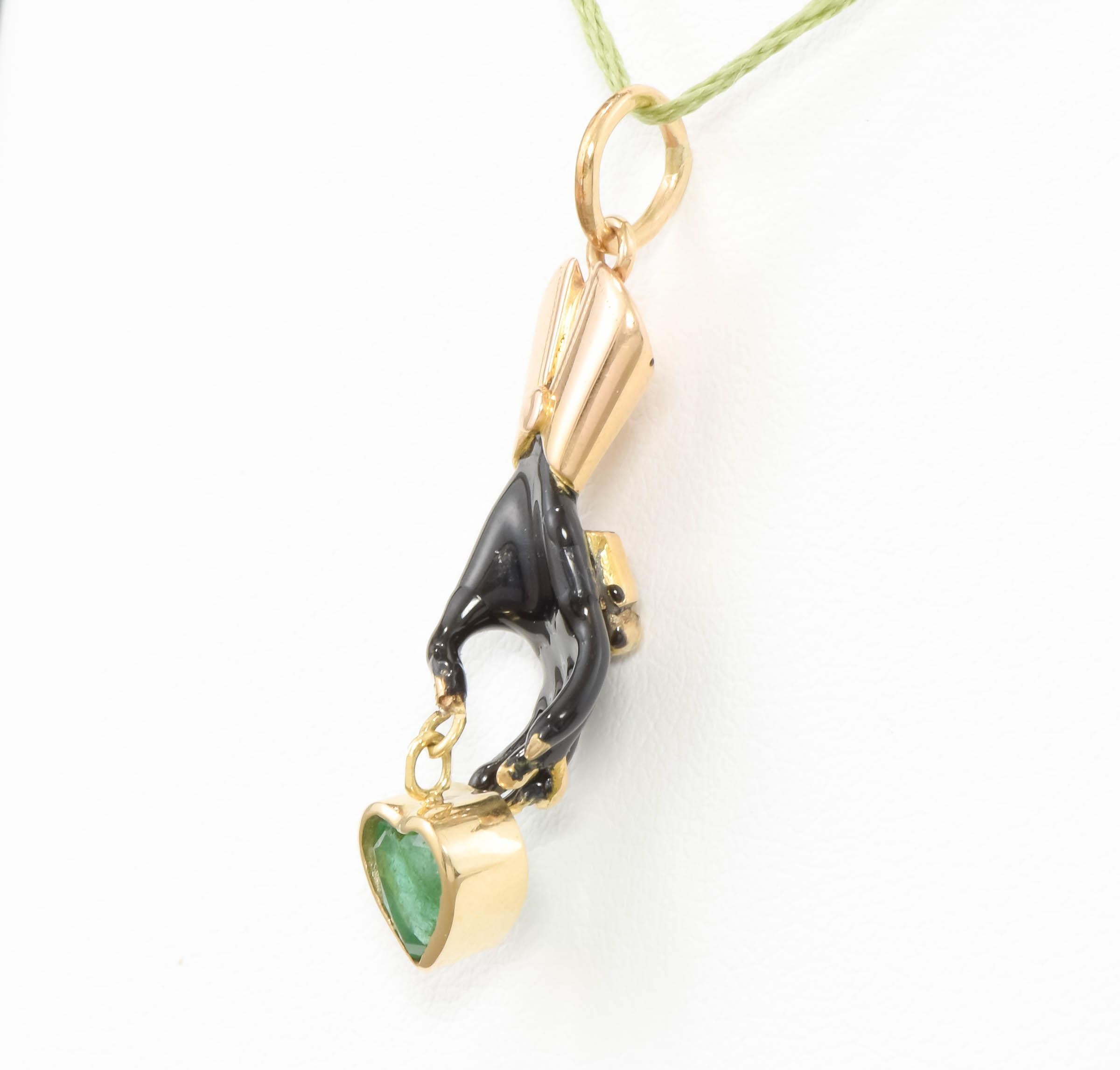 Heart Cut Antique Enameled Gold Hand with Heart Shaped Natural Emerald Dangle - Pendant  For Sale