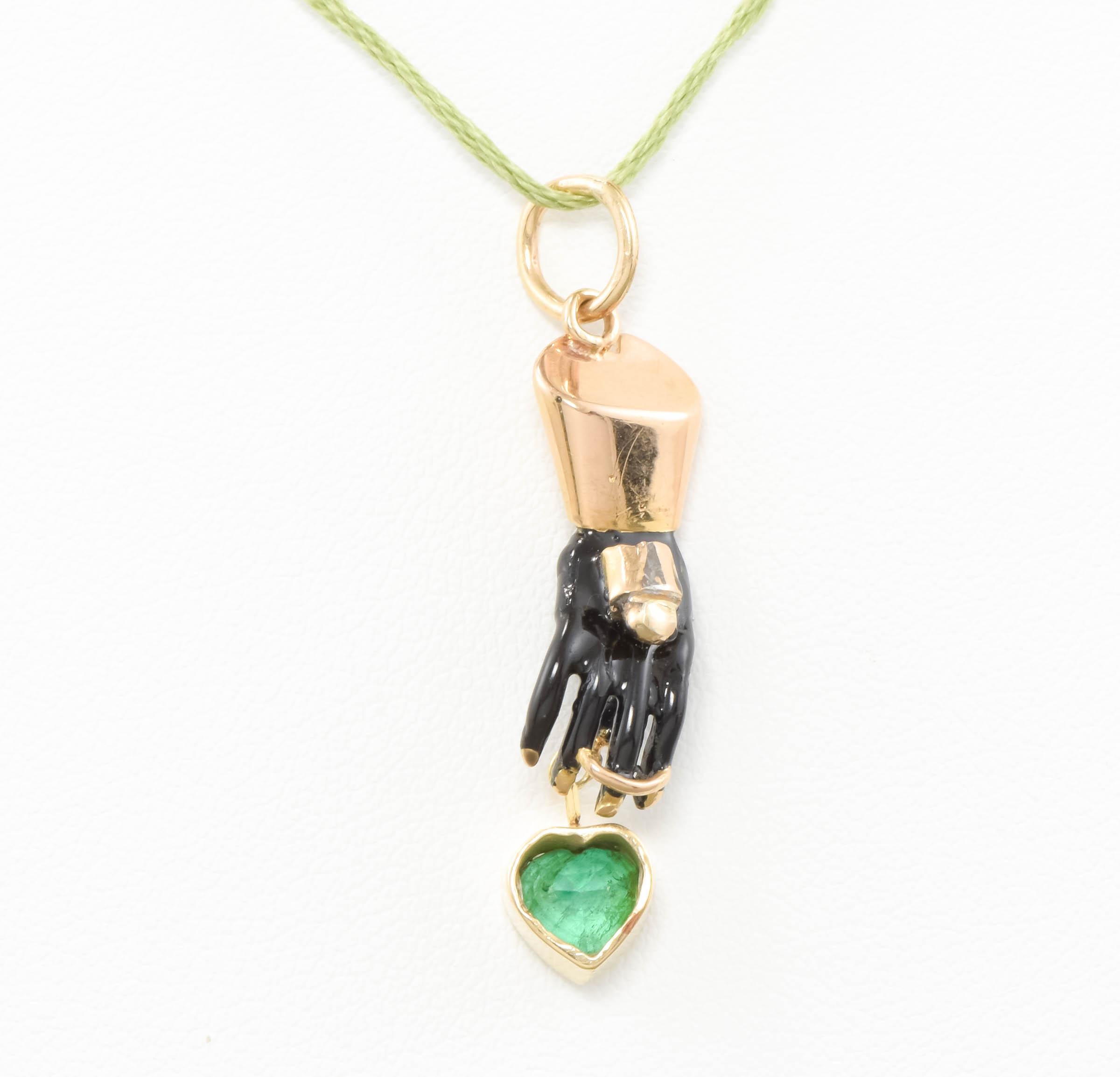 Antique Enameled Gold Hand with Heart Shaped Natural Emerald Dangle - Pendant  In Good Condition For Sale In Danvers, MA