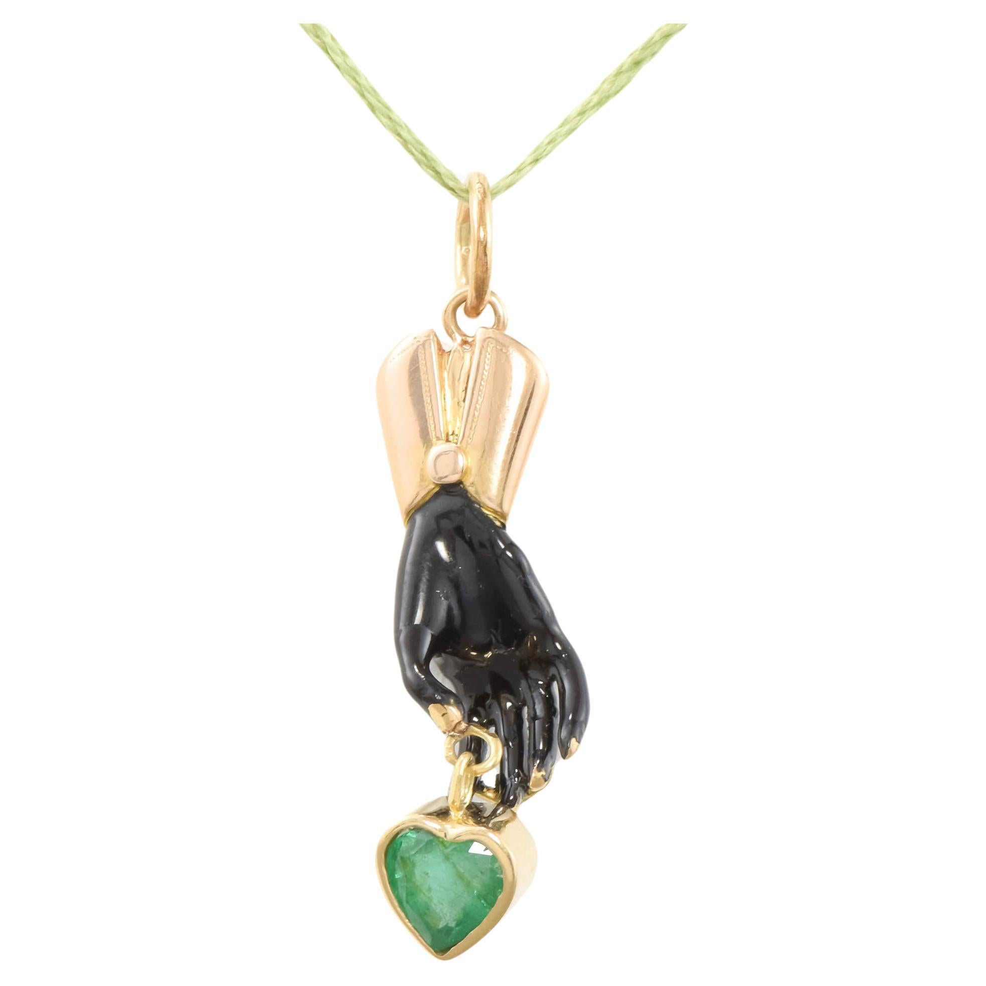 Antique Enameled Gold Hand with Heart Shaped Natural Emerald Dangle - Pendant  For Sale