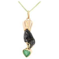 Antique Enameled Gold Hand with Heart Shaped Natural Emerald Dangle - Pendant 