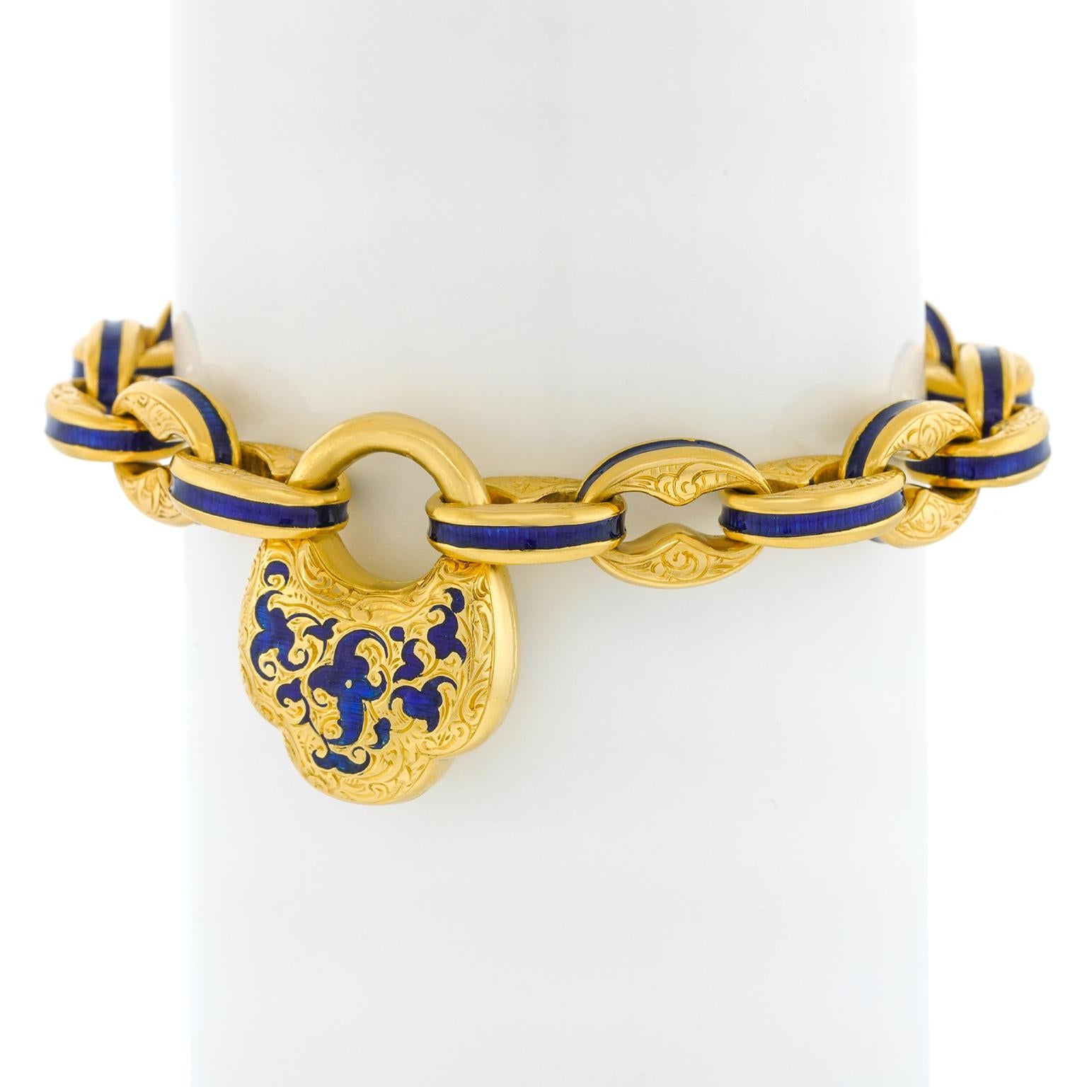 Women's or Men's Antique Enameled Lock-Locket Gold Bracelet, circa 1870s For Sale