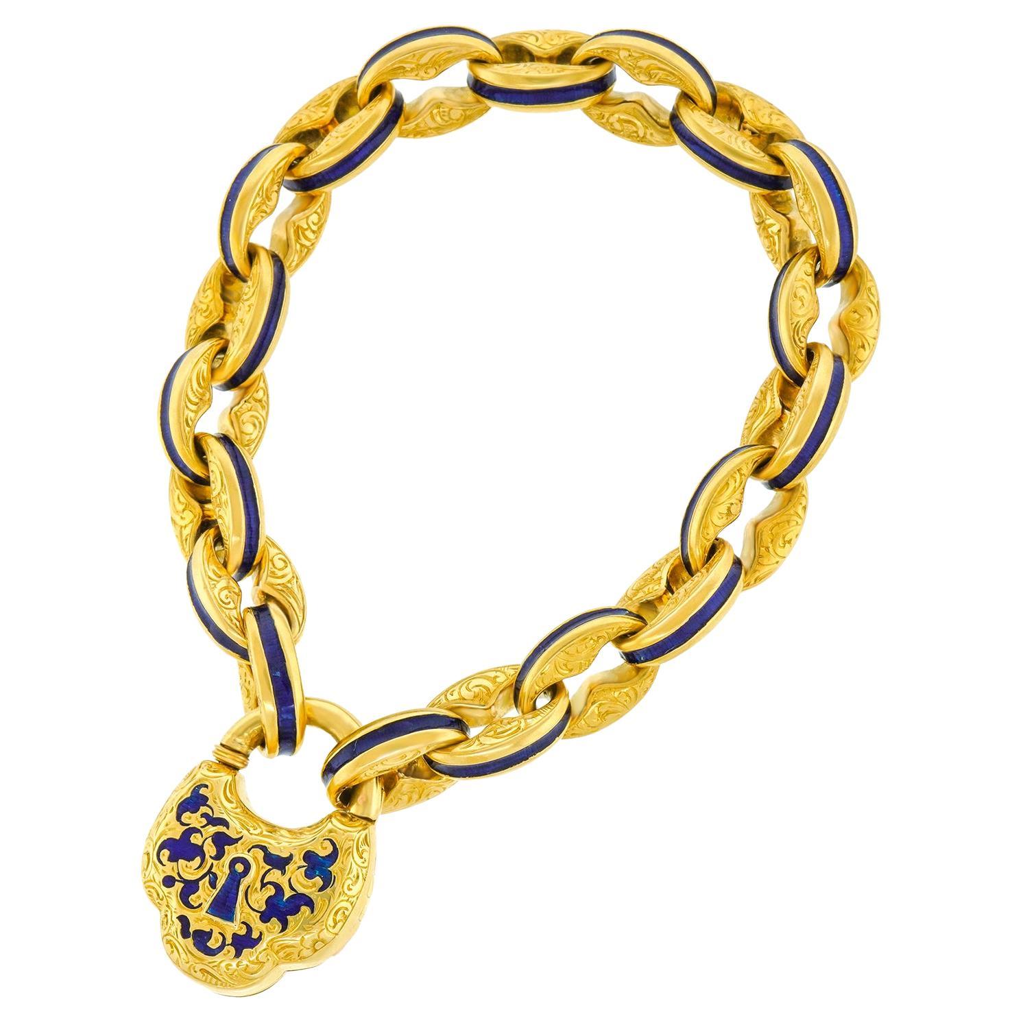Antique Enameled Lock-Locket Gold Bracelet, circa 1870s For Sale