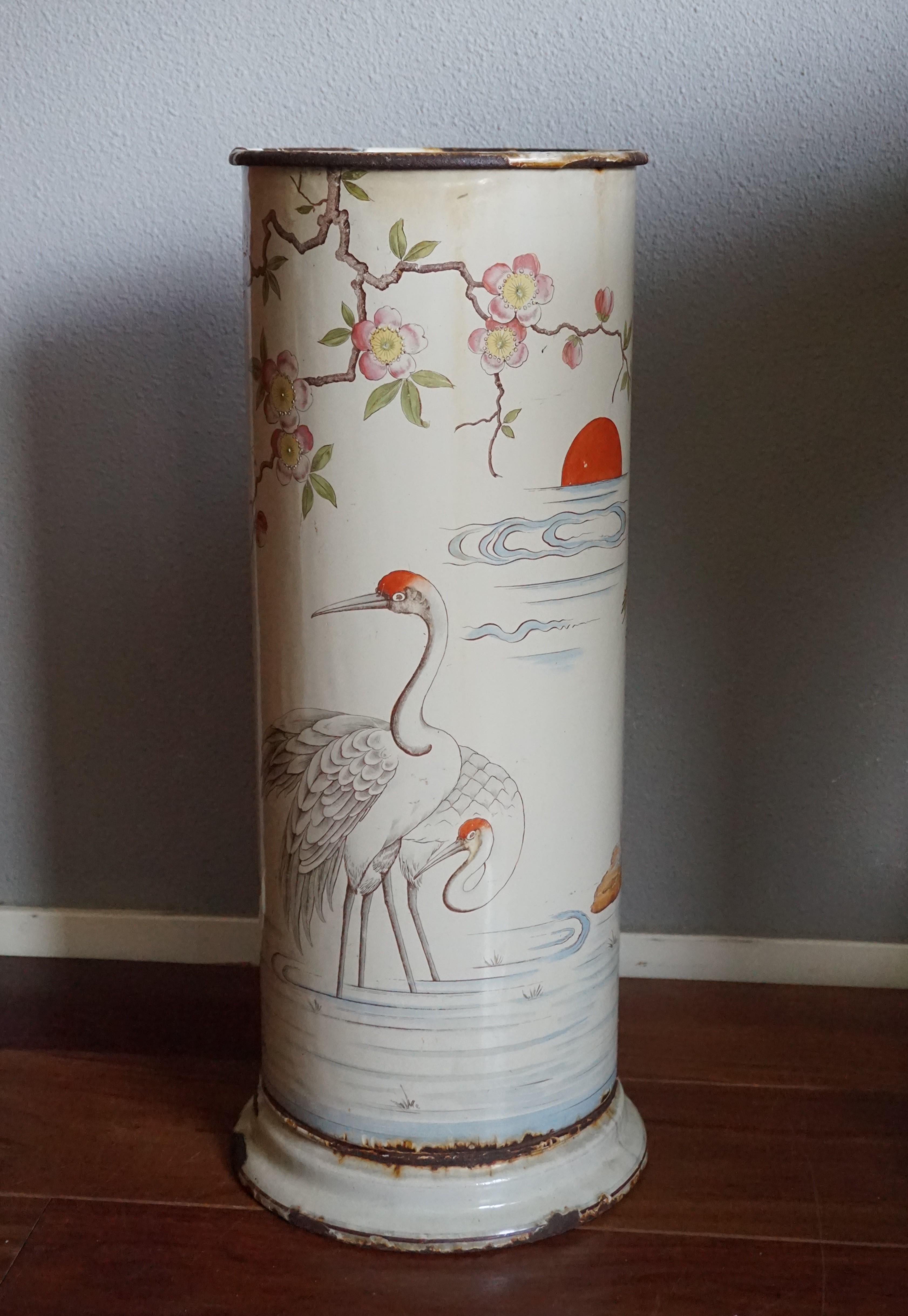 Antique Enameled Umbrella and Stick Stand with Hand Painted Japanese Crane Birds For Sale 9