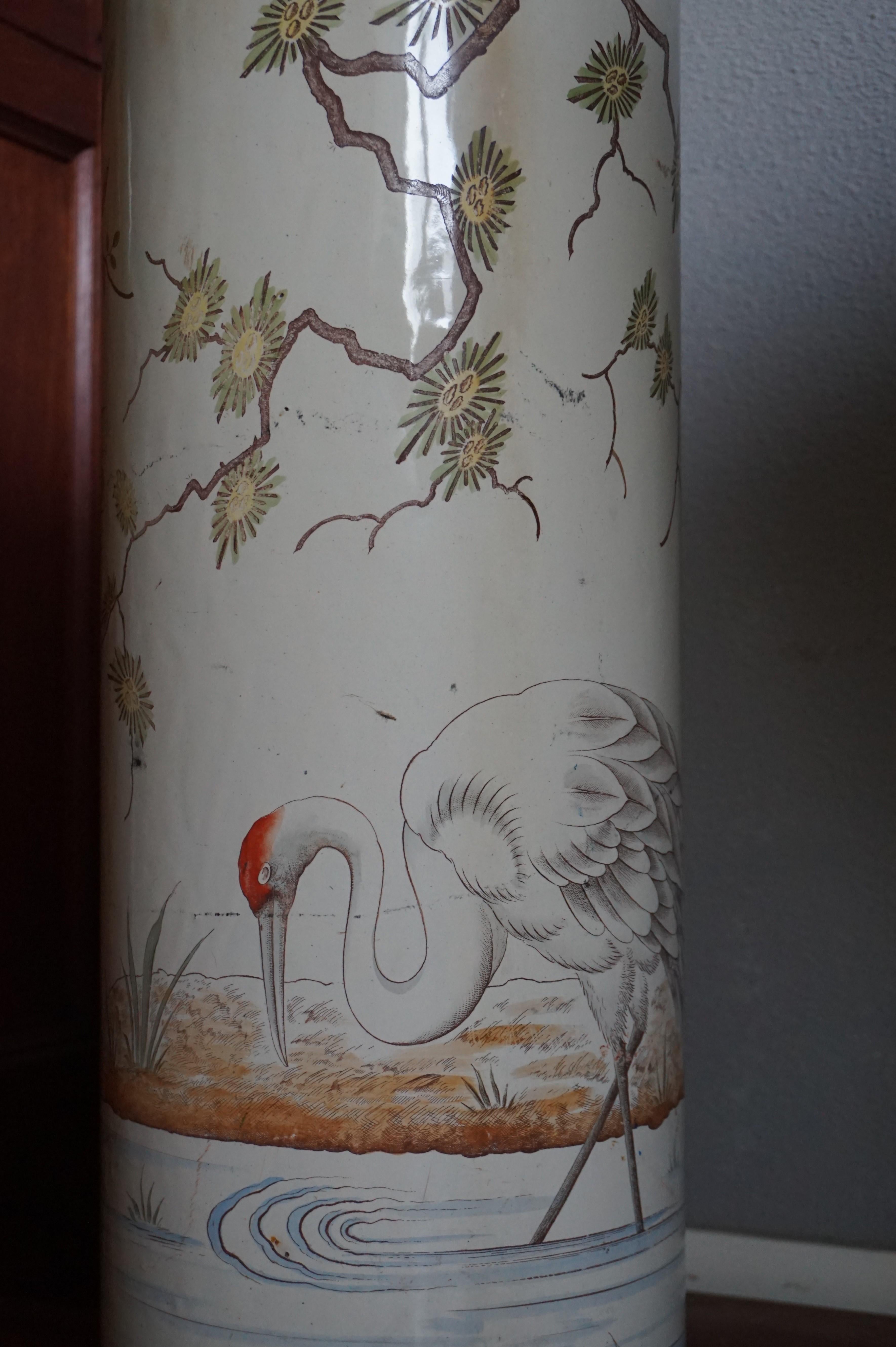 Japonisme Antique Enameled Umbrella and Stick Stand with Hand Painted Japanese Crane Birds For Sale