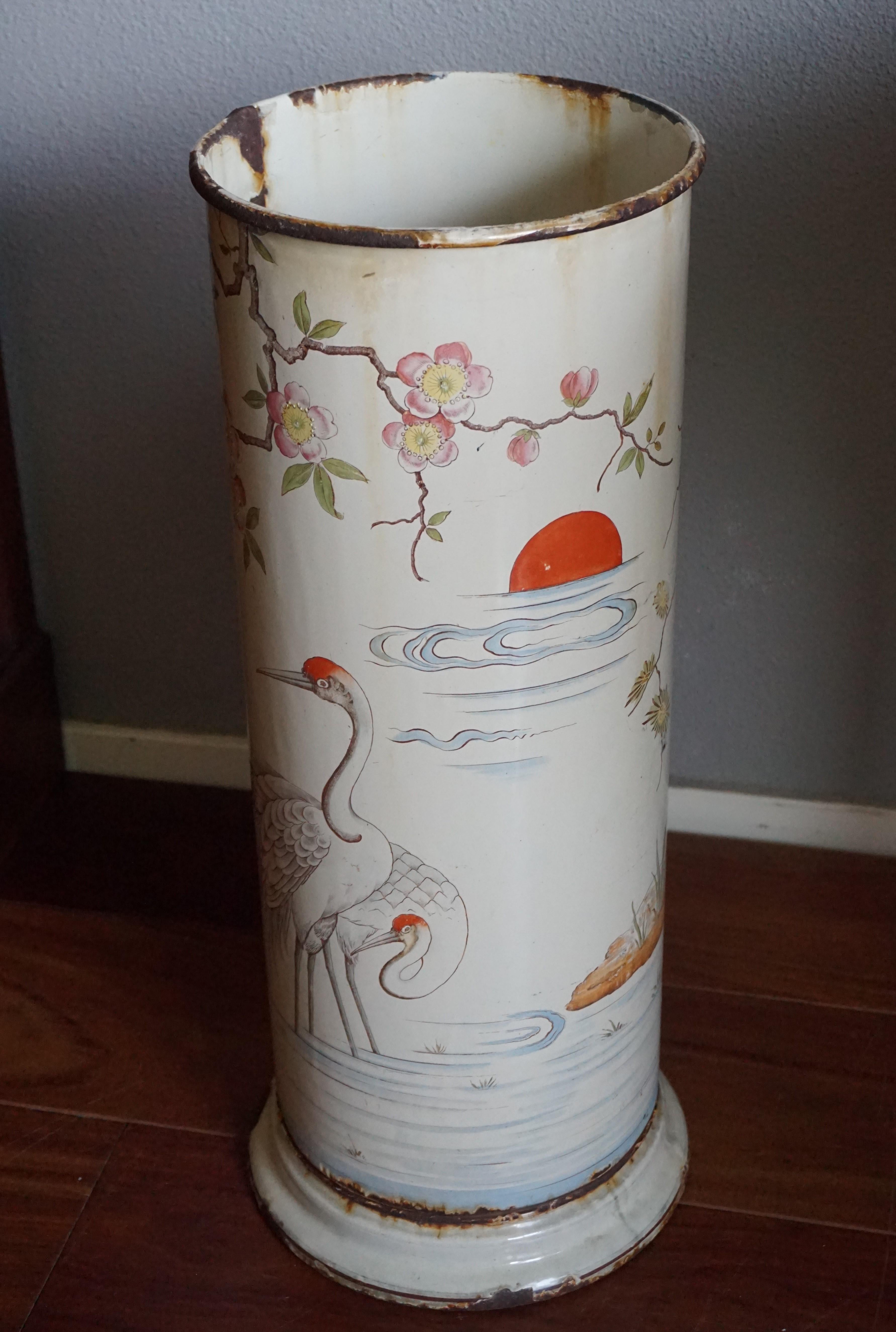 Antique Enameled Umbrella and Stick Stand with Hand Painted Japanese Crane Birds For Sale 1