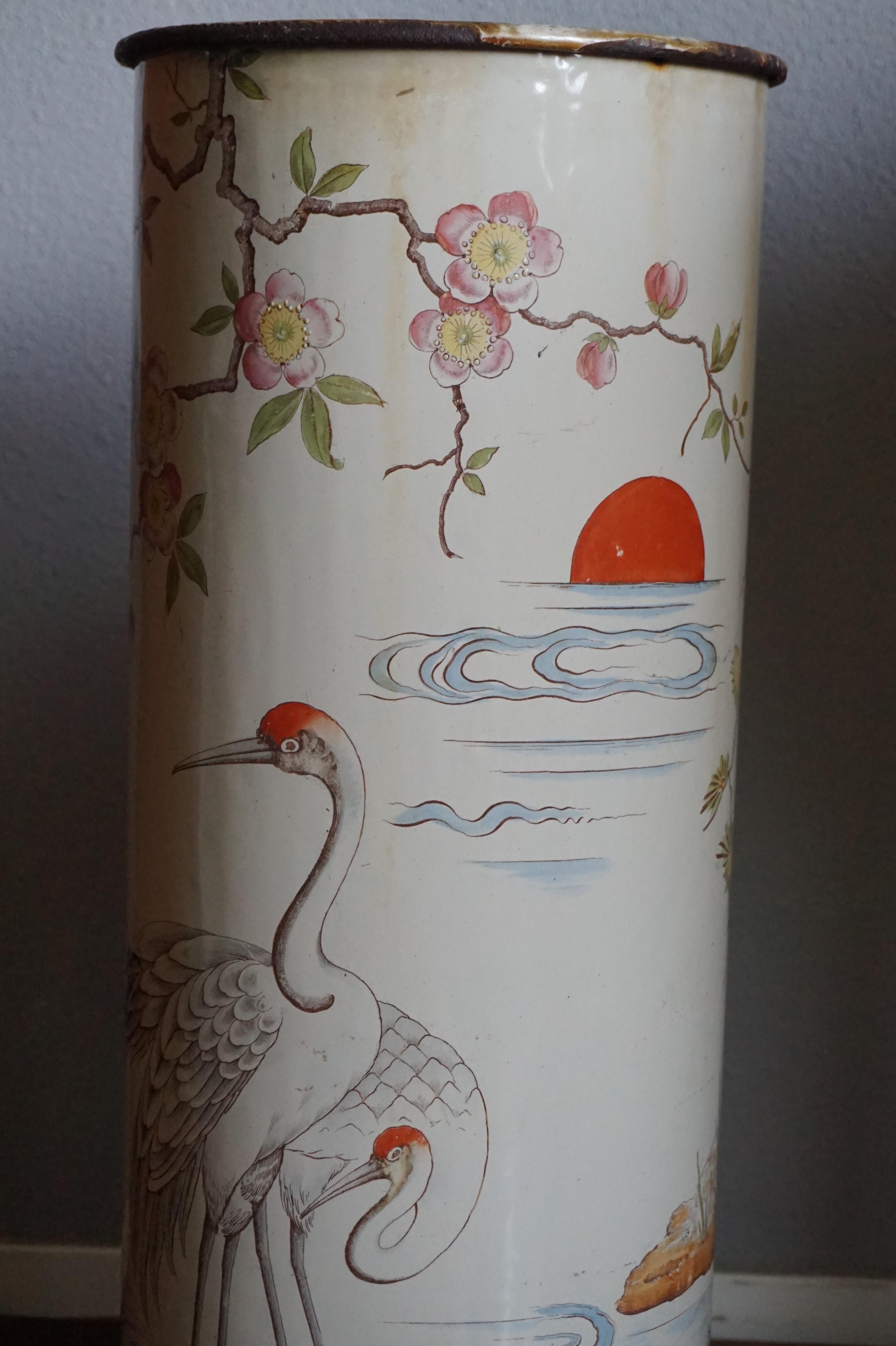 Antique Enameled Umbrella and Stick Stand with Hand Painted Japanese Crane Birds For Sale 8