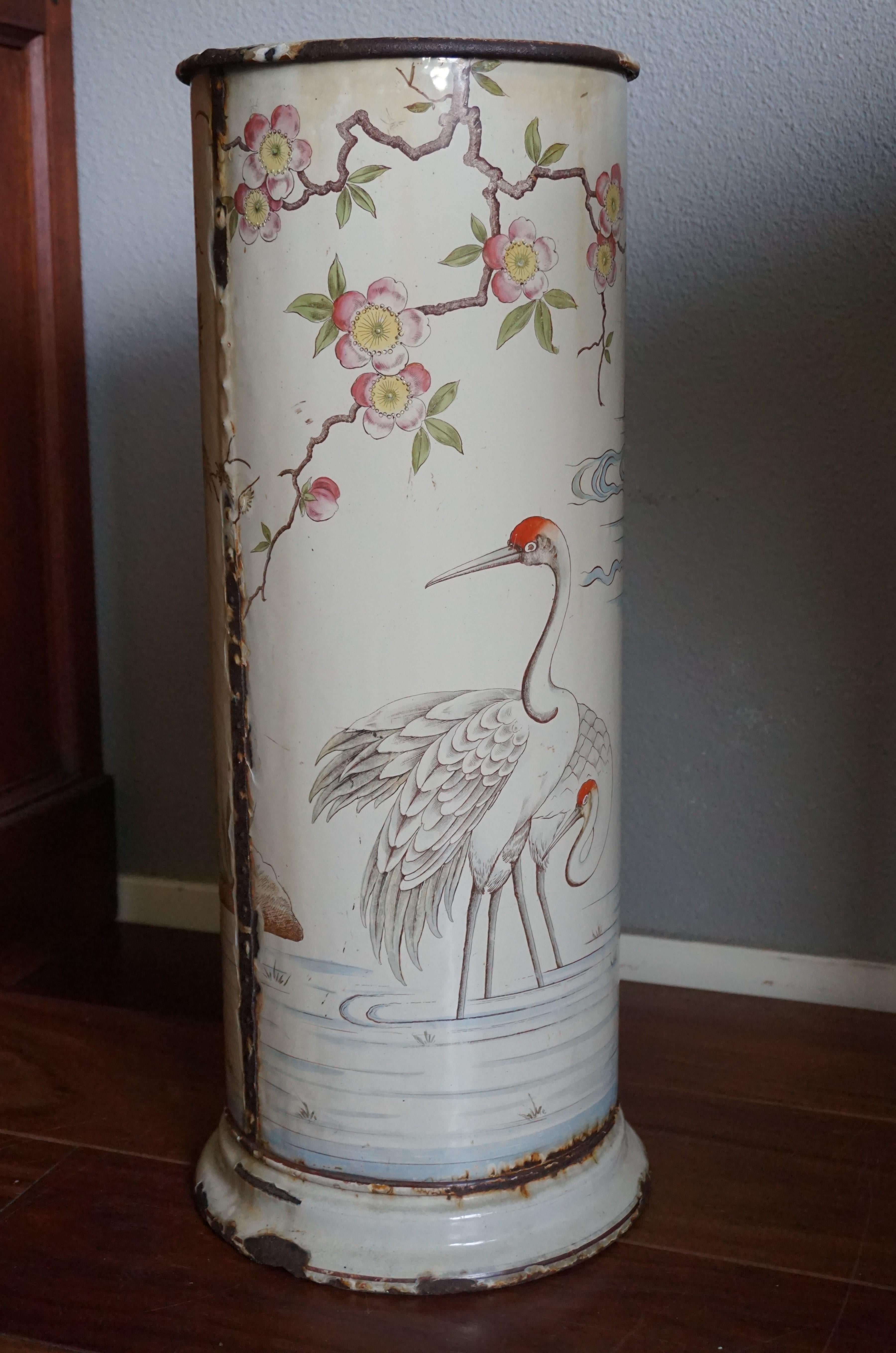 Antique Enameled Umbrella and Stick Stand with Hand Painted Japanese Crane Birds For Sale 3