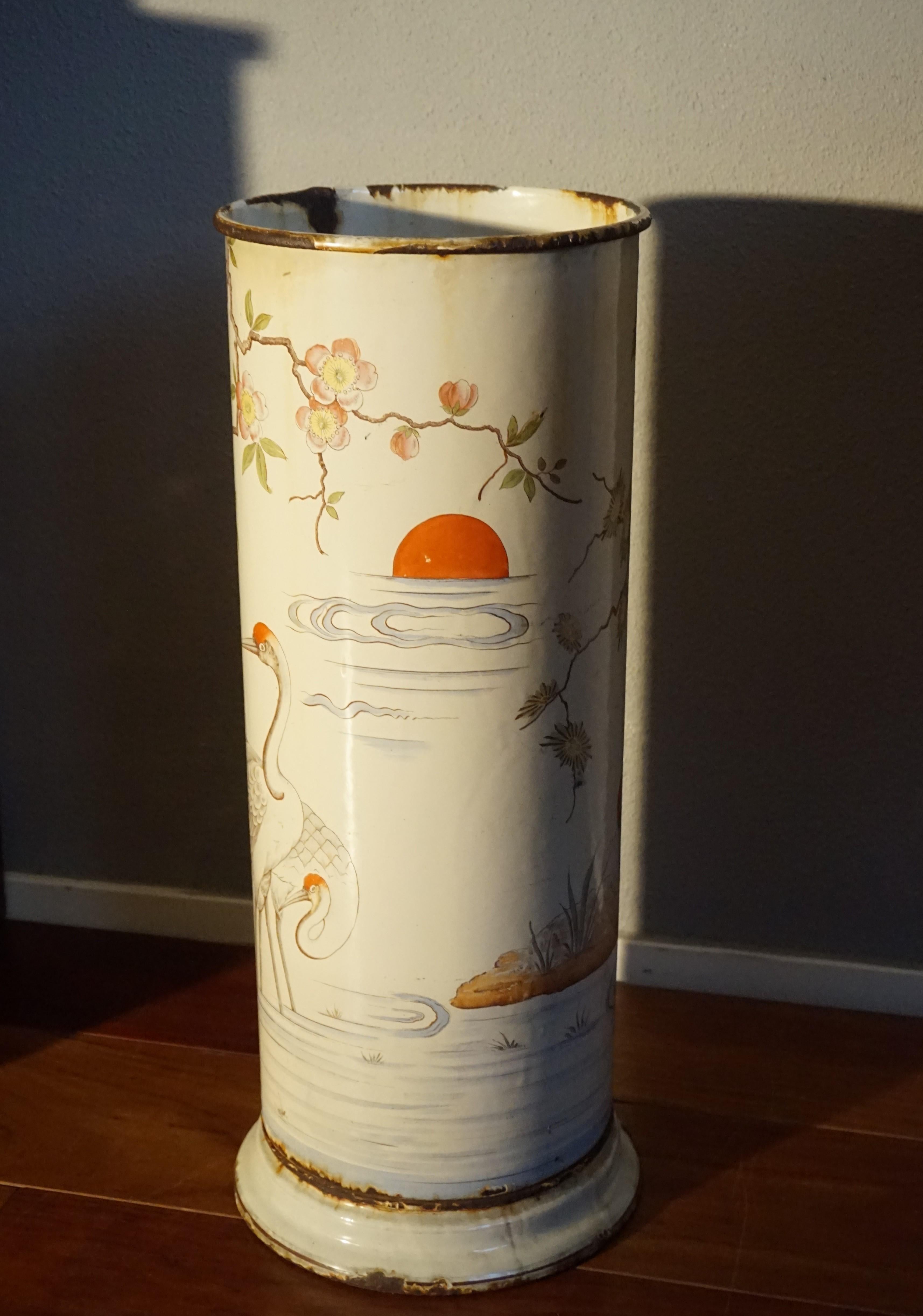 Antique Enameled Umbrella and Stick Stand with Hand Painted Japanese Crane Birds For Sale 6