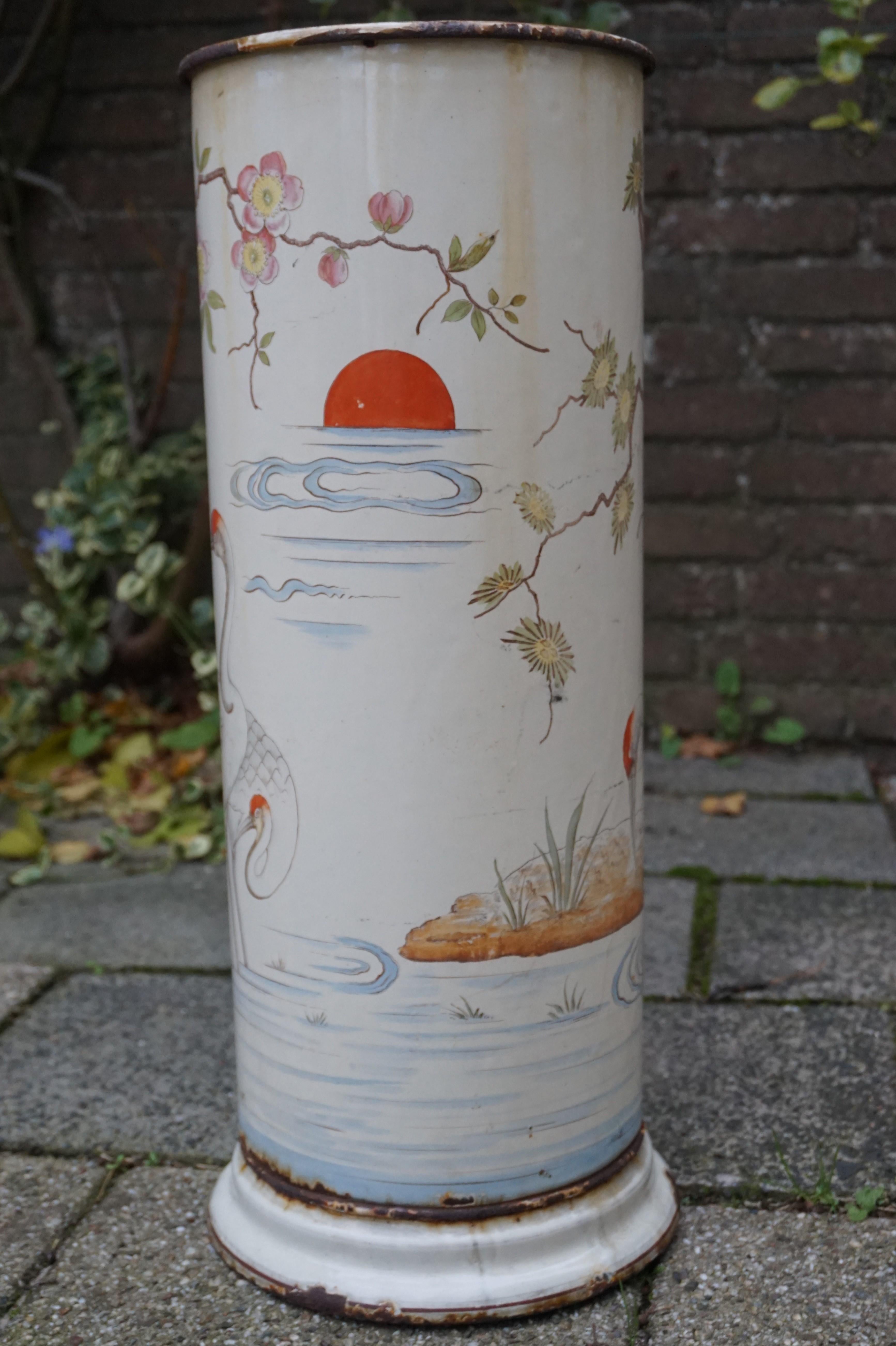 European Antique Enameled Umbrella and Stick Stand with Hand Painted Japanese Crane Birds For Sale