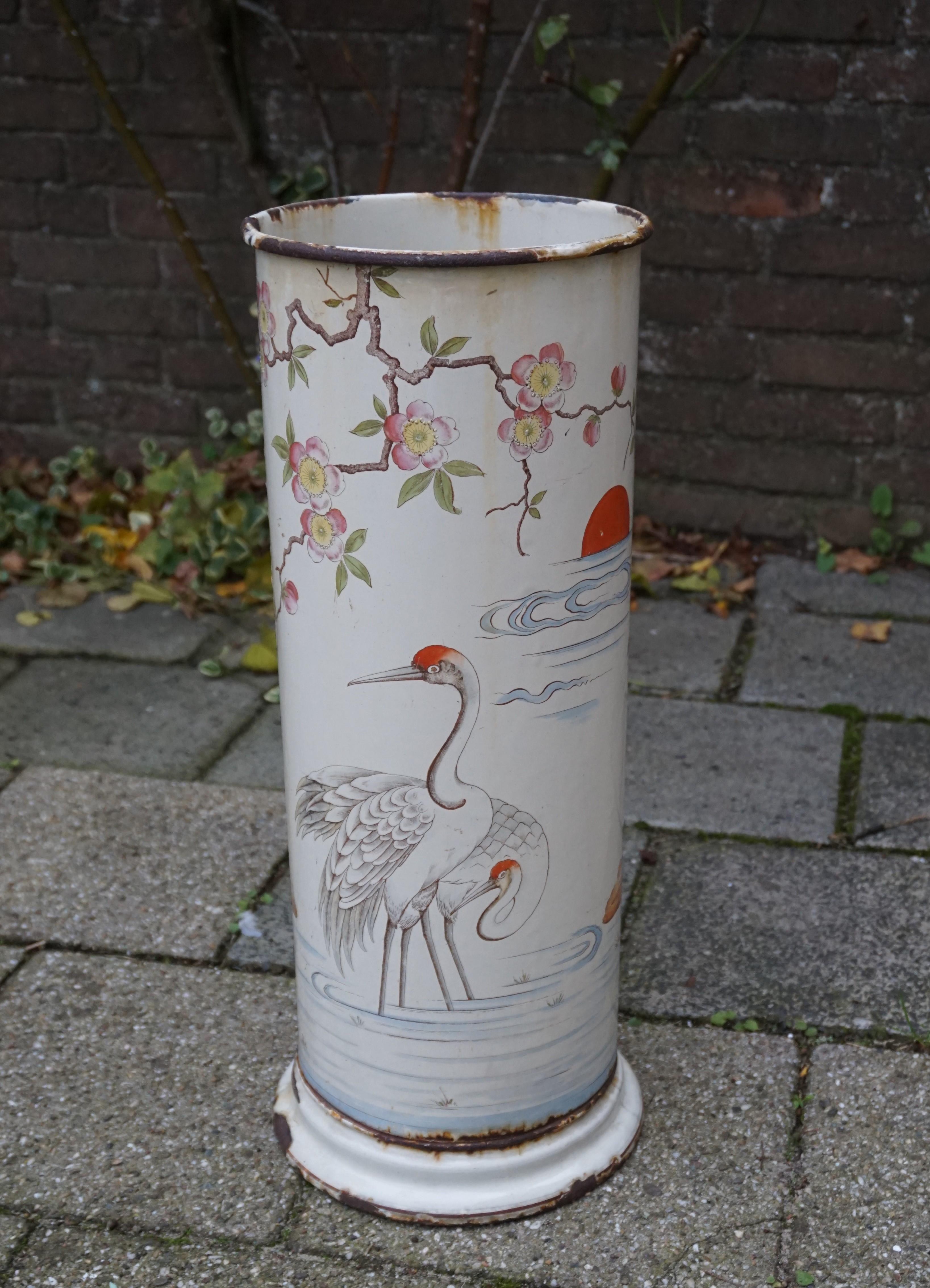 Hand-Crafted Antique Enameled Umbrella and Stick Stand with Hand Painted Japanese Crane Birds For Sale