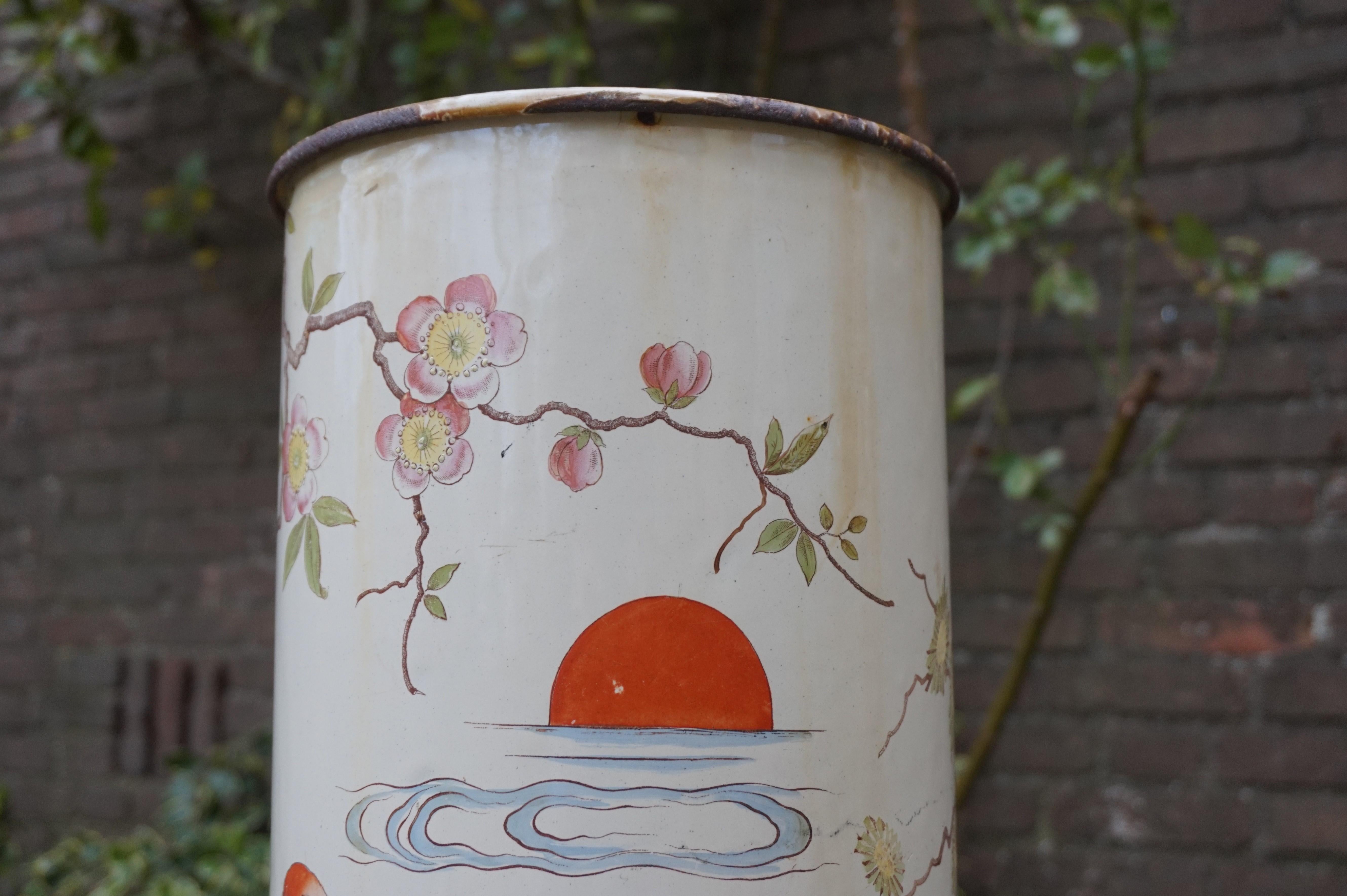 Antique Enameled Umbrella and Stick Stand with Hand Painted Japanese Crane Birds In Good Condition For Sale In Lisse, NL