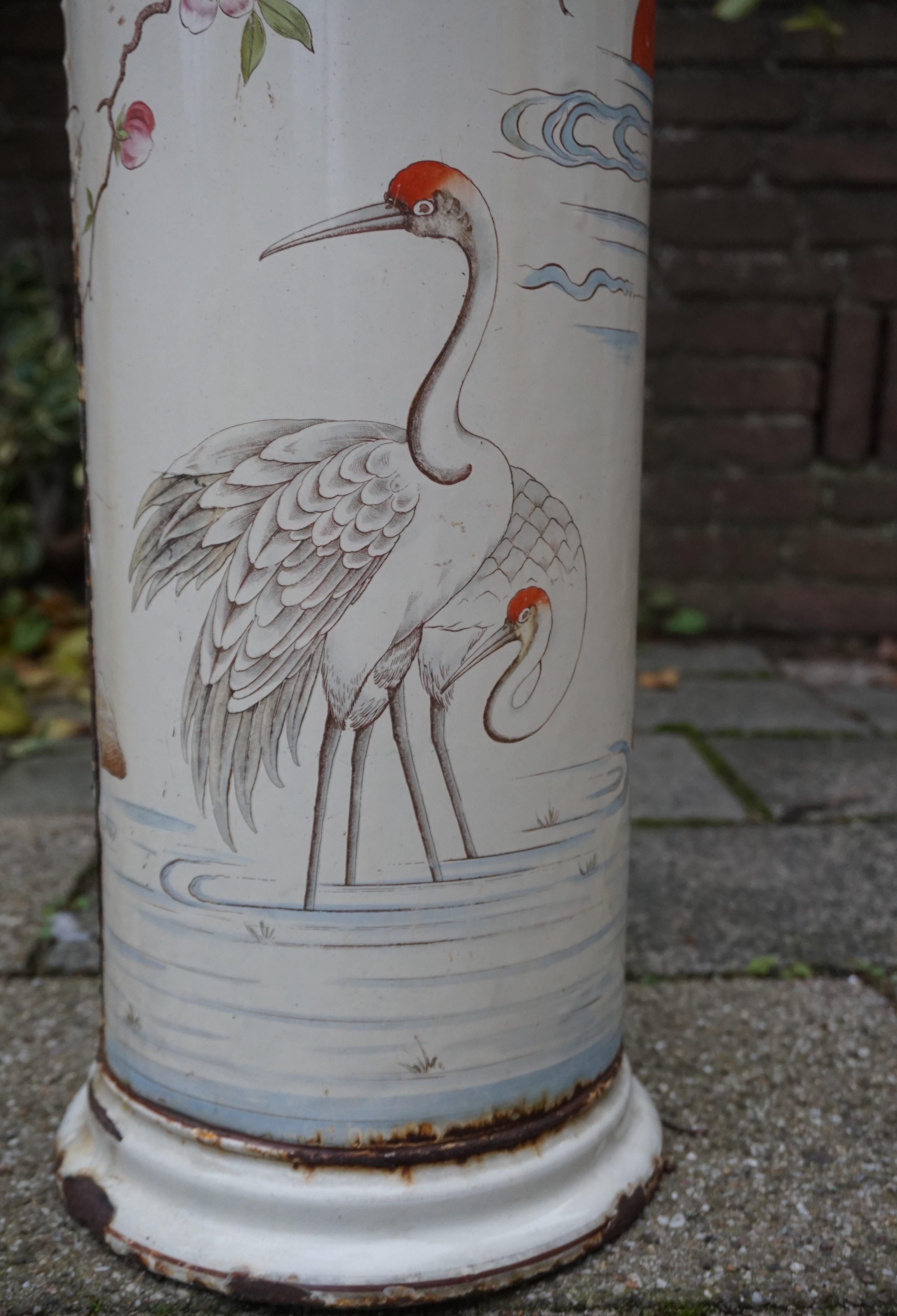 Antique Enameled Umbrella and Stick Stand with Hand Painted Japanese Crane Birds For Sale 4