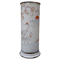 Used Enameled Umbrella and Stick Stand with Hand Painted Japanese Crane Birds