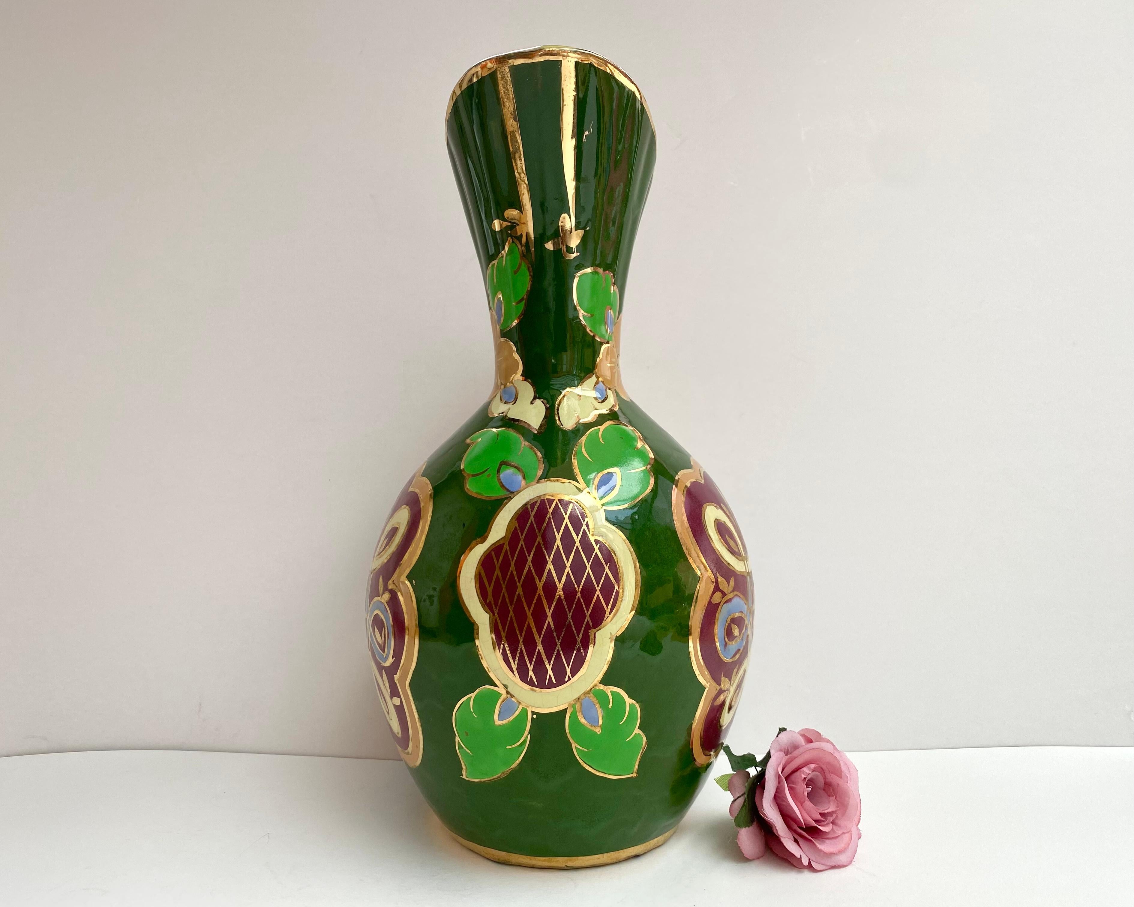 Belgian Antique Enamelled Ceramic Vase/Pitcher, Belgium, 1930s Green Ceramic Vase For Sale