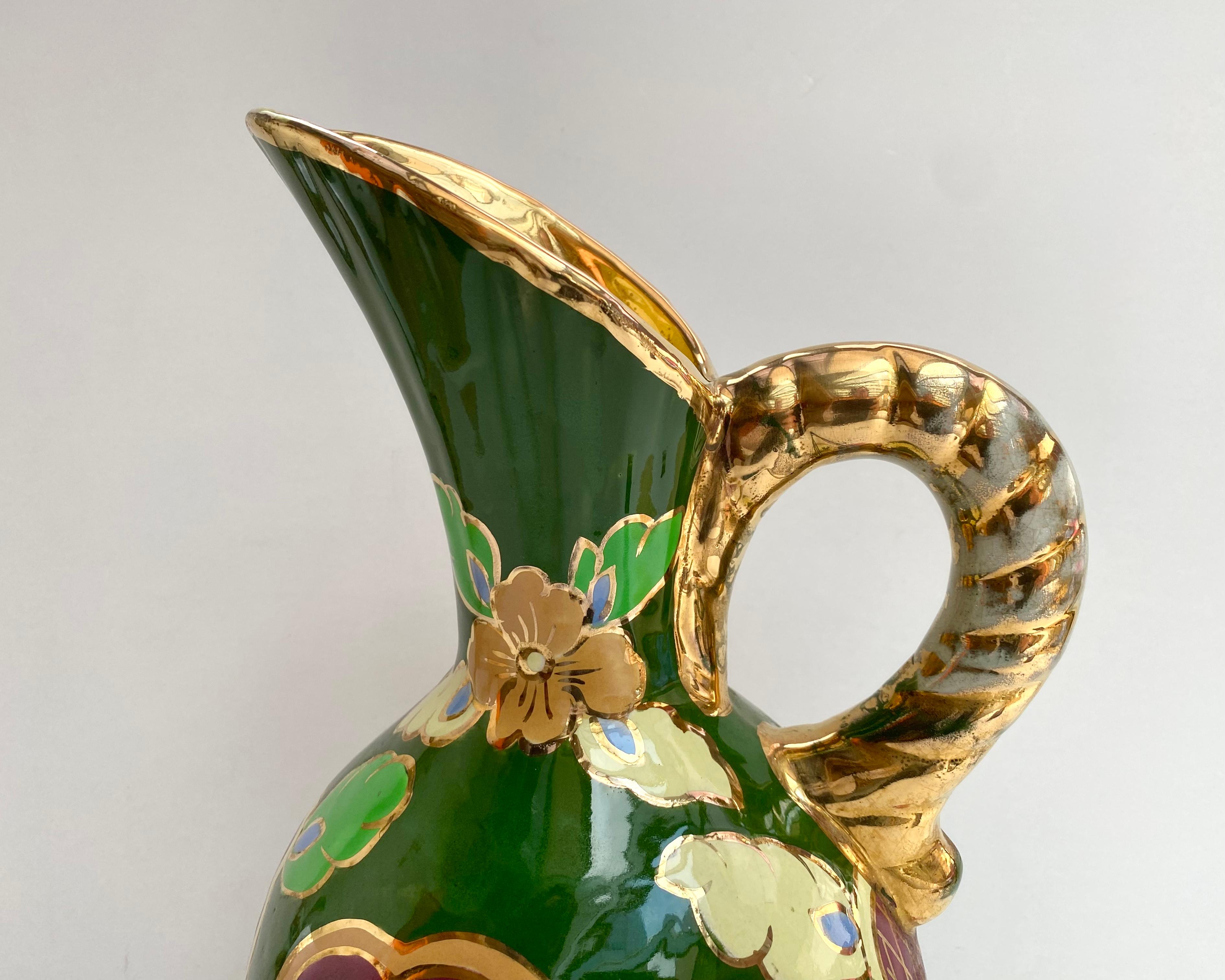 Antique Enamelled Ceramic Vase/Pitcher, Belgium, 1930s Green Ceramic Vase In Excellent Condition For Sale In Bastogne, BE