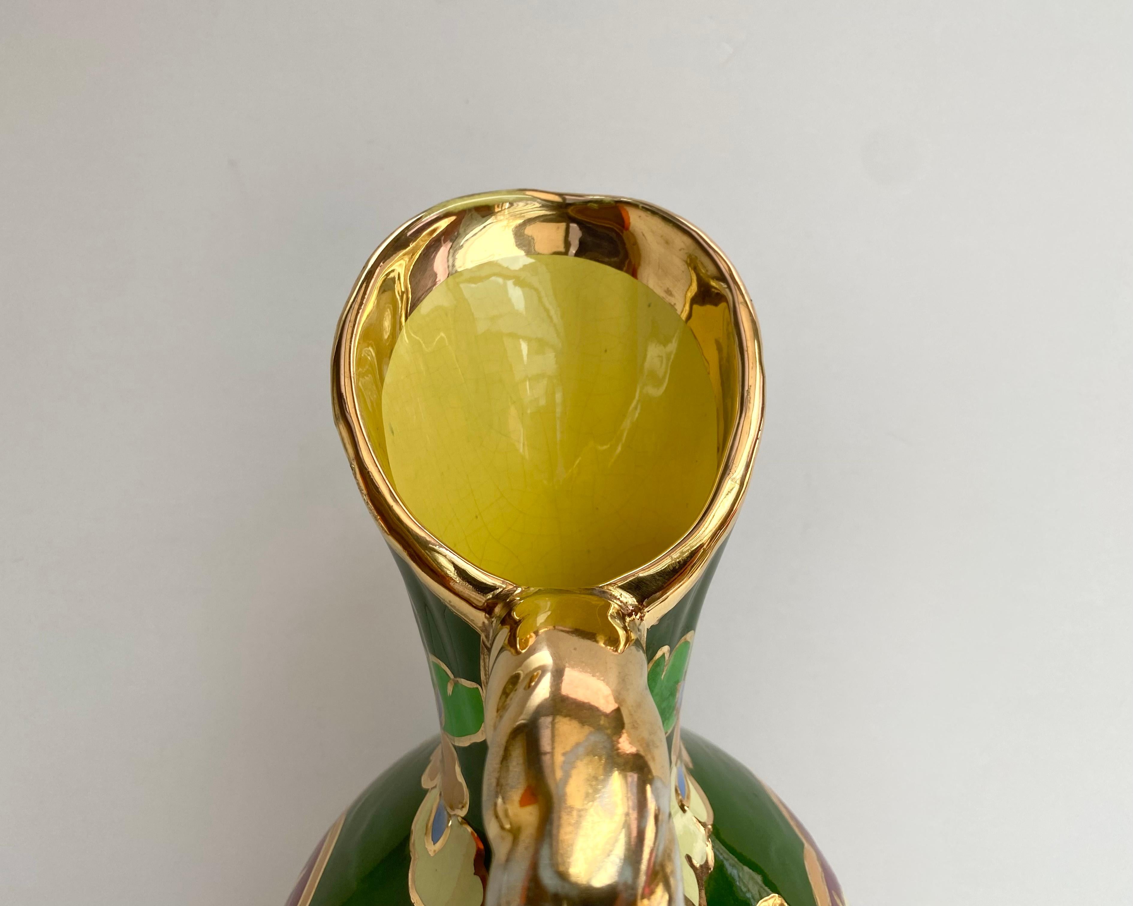 20th Century Antique Enamelled Ceramic Vase/Pitcher, Belgium, 1930s Green Ceramic Vase For Sale