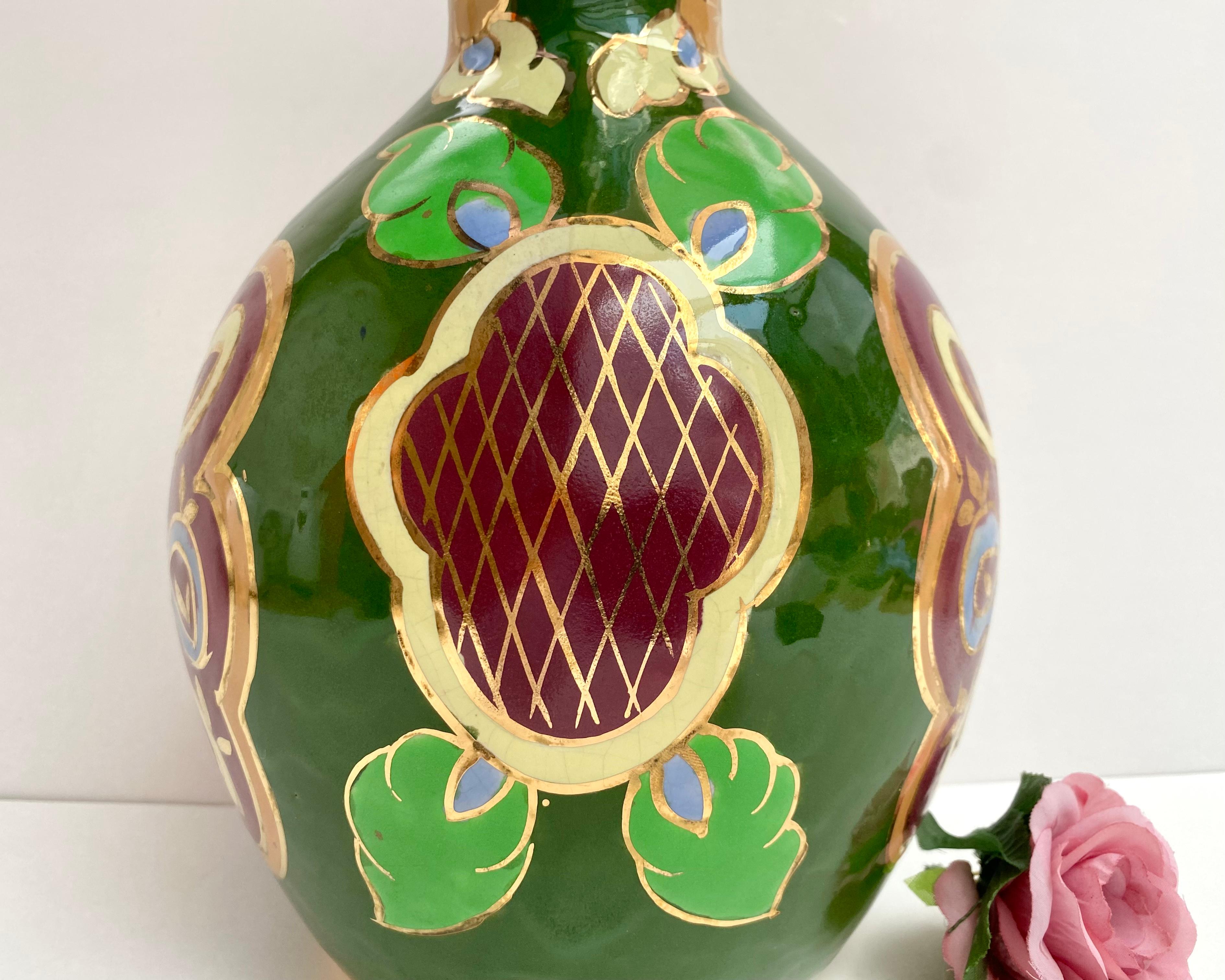 Antique Enamelled Ceramic Vase/Pitcher, Belgium, 1930s Green Ceramic Vase For Sale 1