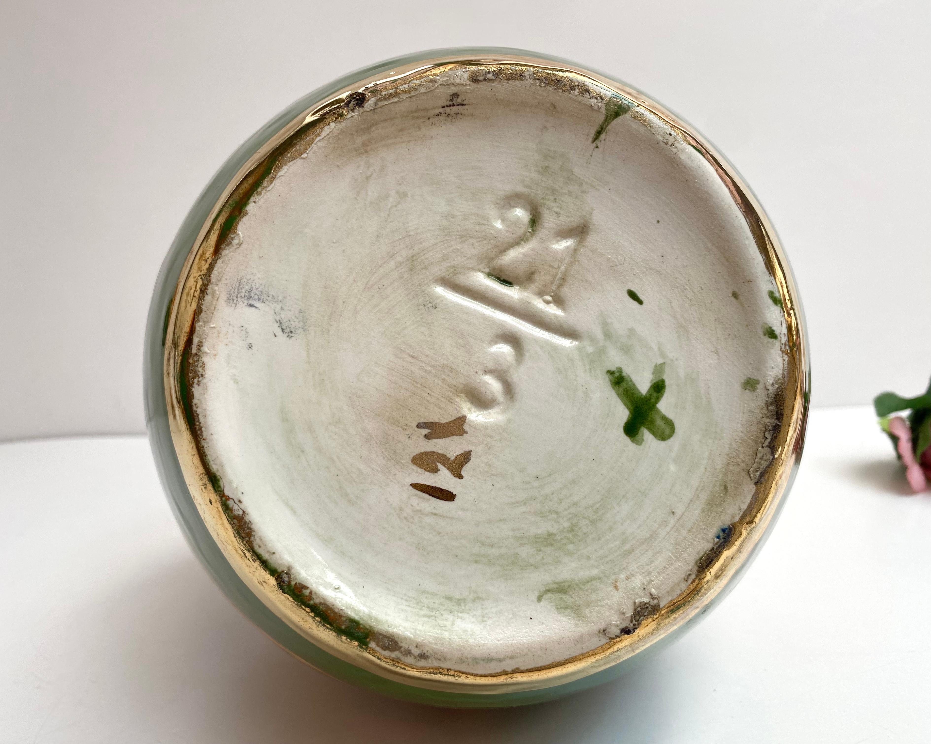 Antique Enamelled Ceramic Vase/Pitcher, Belgium, 1930s Green Ceramic Vase For Sale 2