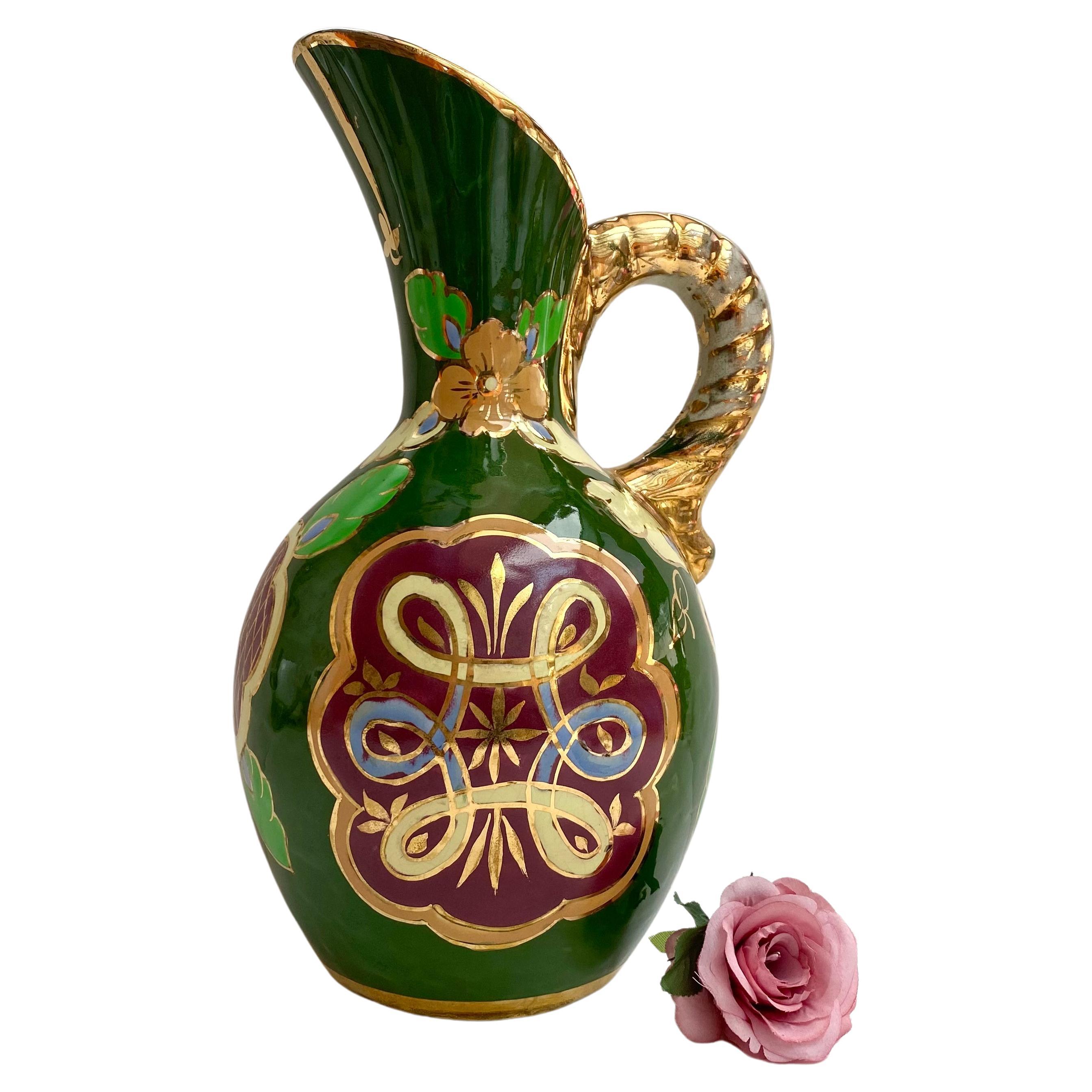 Antique Enamelled Ceramic Vase/Pitcher, Belgium, 1930s Green Ceramic Vase For Sale